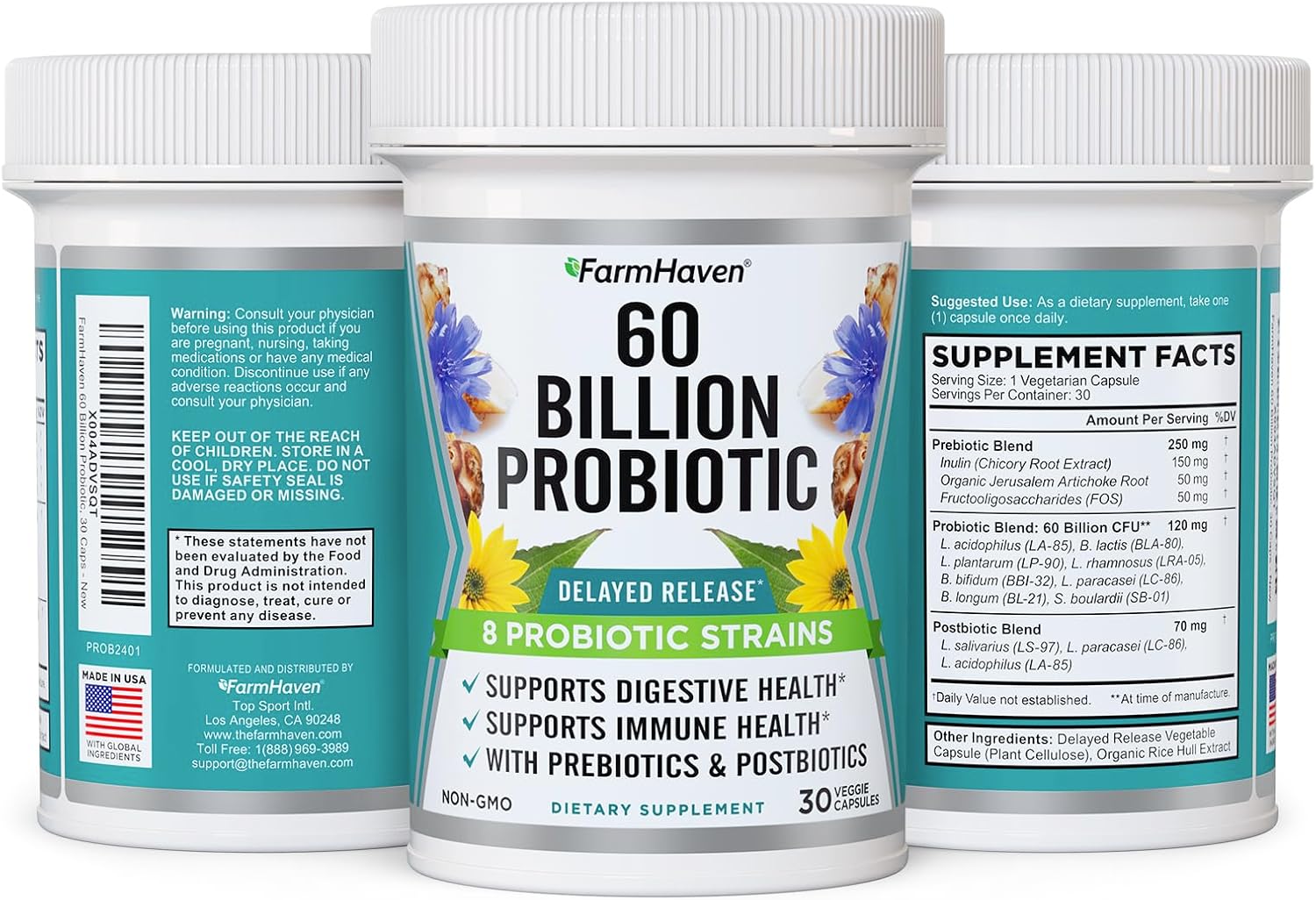 FarmHaven 60 Billion CFU Probiotic with 8 Strains, Prebiotics, and Postbiotics for Digestive & Immune Health - Delayed Release - 30 Capsules