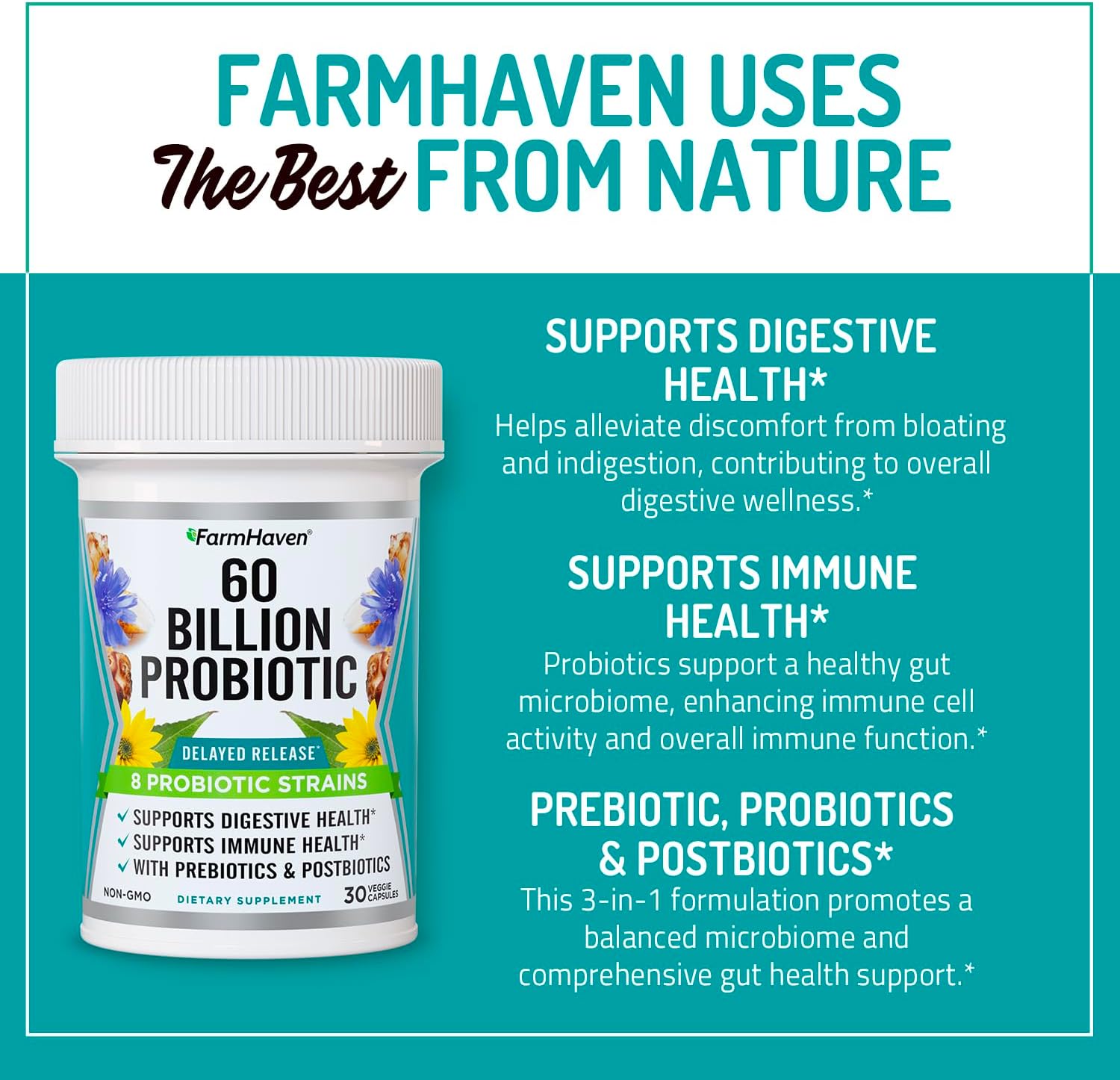 FarmHaven 60 Billion CFU Probiotic with 8 Strains, Prebiotics, and Postbiotics for Digestive & Immune Health - Delayed Release - 30 Capsules