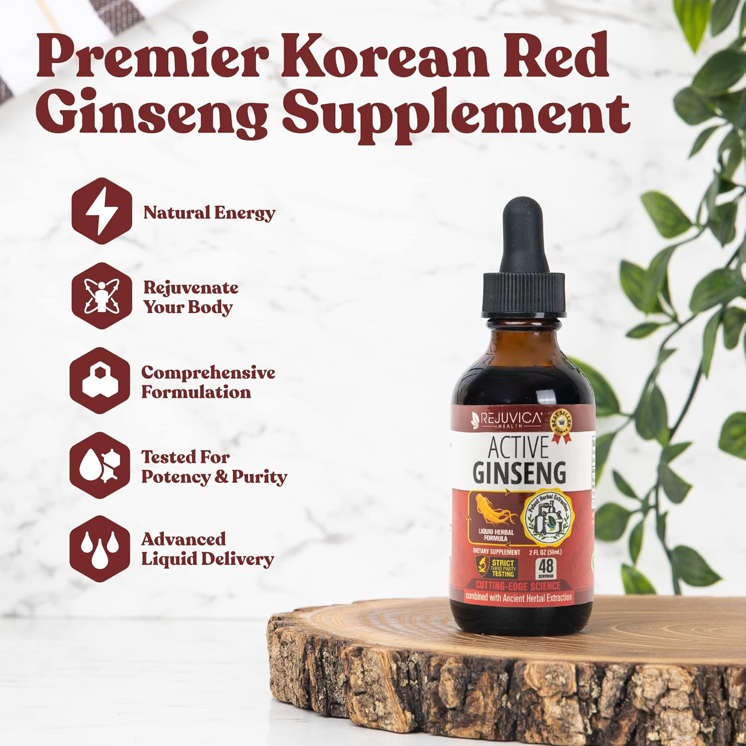 Fast-Absorbing Liquid Korean Red Panax Ginseng with Natural Ginsenosides - Supports Healthy Energy, Vitality, and Mood - Rejuvica Health Active Ginseng