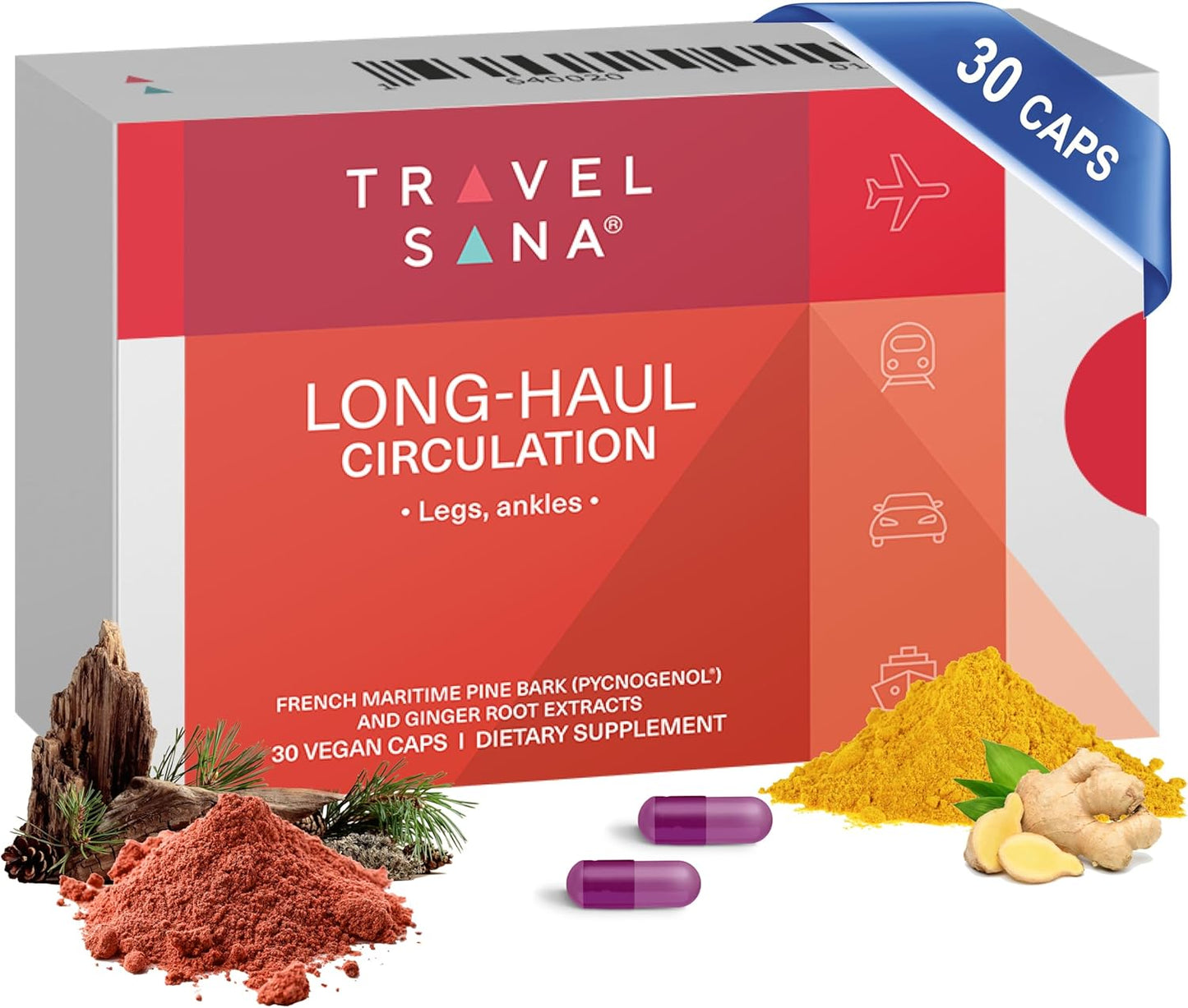 Fast-Acting Circulation Support Capsules with Pycnogenol & Ginger Root Extract | Reduce Swelling & Discomfort | Long-Haul Travel Relief