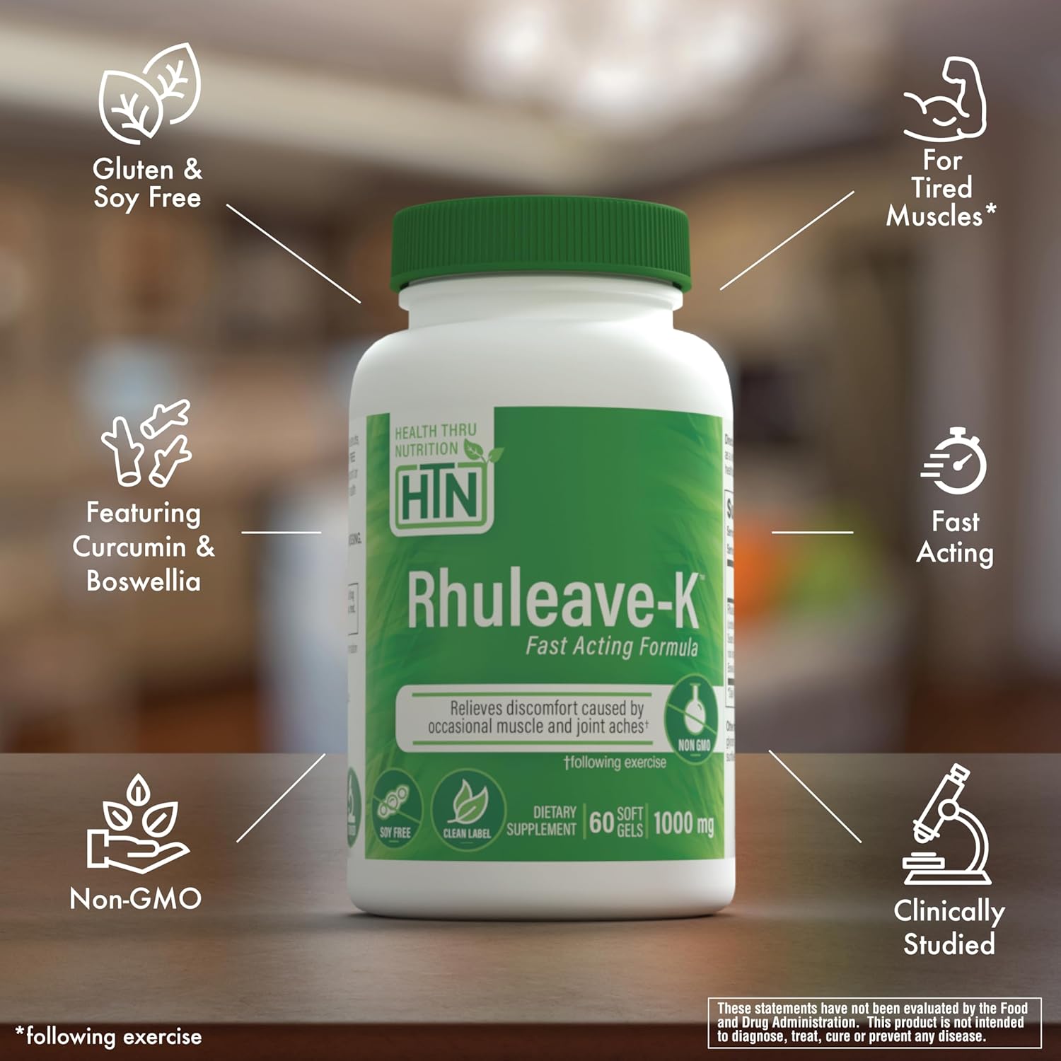 Fast-Acting Joint & Muscle Relief Supplement with Curcumin & Boswellia | Health Thru Nutrition Rhuleave-K 1,000mg | Clinically Studied | Non-GMO | Pack of 60