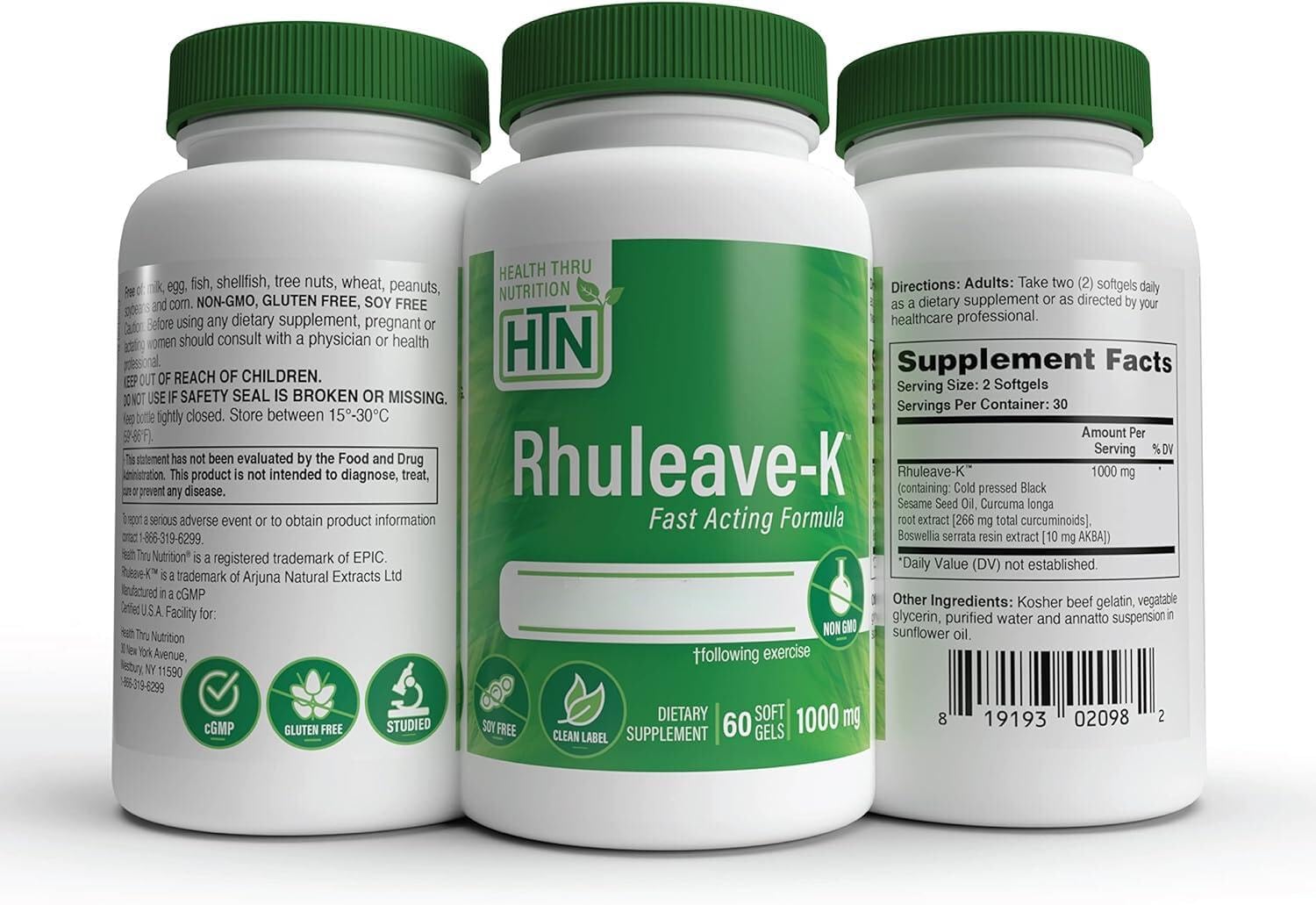 Fast-Acting Joint & Muscle Relief Supplement with Curcumin & Boswellia | Health Thru Nutrition Rhuleave-K 1,000mg | Clinically Studied | Non-GMO | Pack of 60