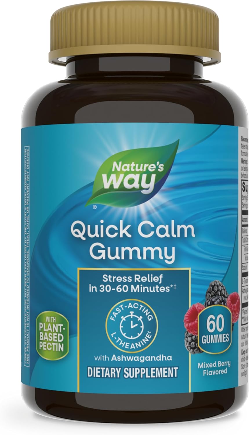 Fast-Acting Nature's Way Quick Calm Gummies with L-Theanine and Ashwagandha for Stress Relief - 60 Vegetarian Mixed Berry Flavored Gummies