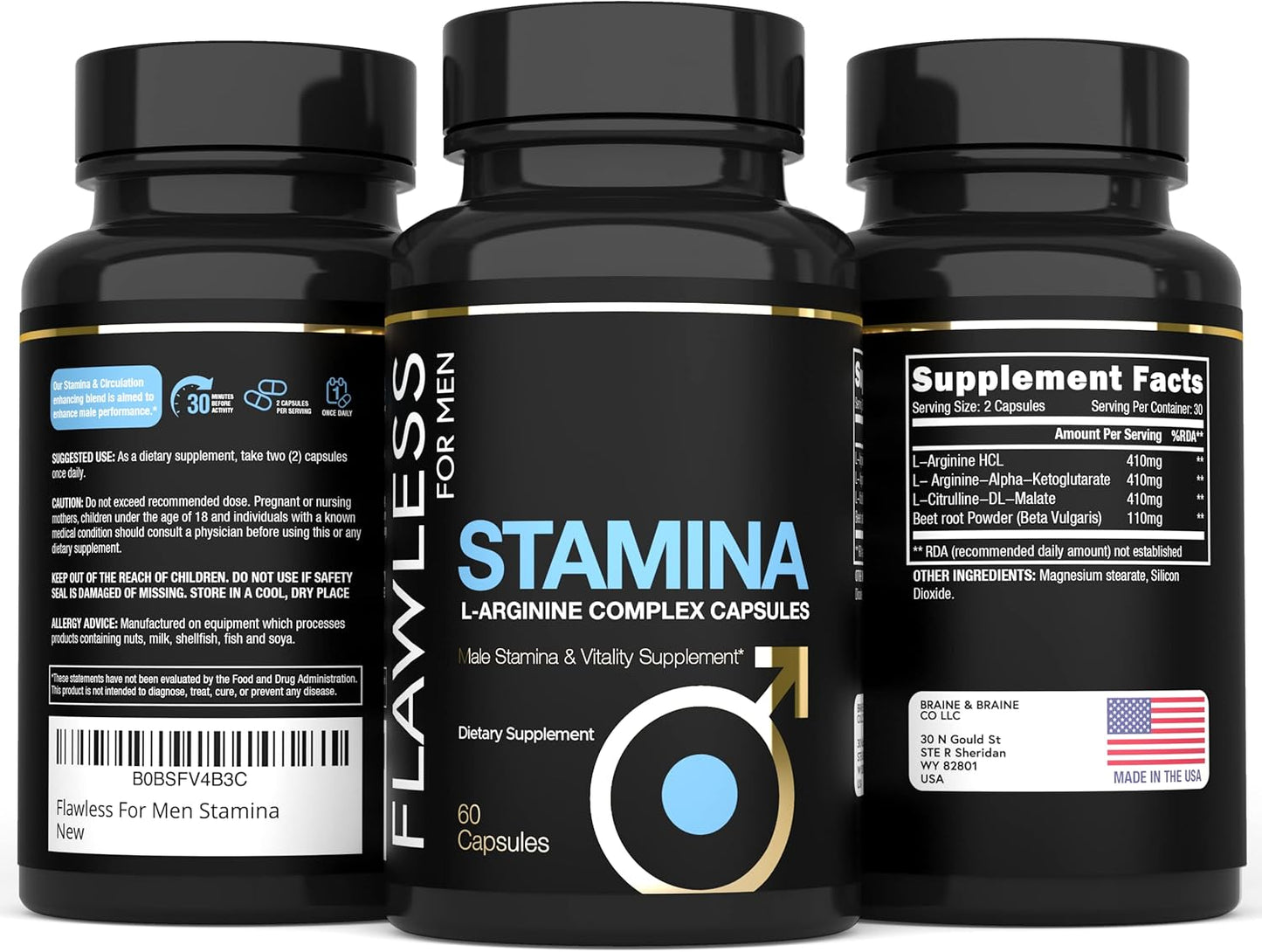 Fast-Acting Stamina Supplement for Men | L-Arginine & L-Citrulline Pills | Enhances Male Vitality, Endurance & Blood Flow | 60 Capsules