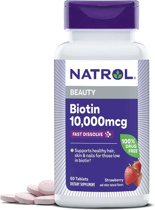 Fast-Dissolve Natrol Biotin 10000mcg Supplement for Hair, Skin, Nails & Energy - 60 Tablets, 60 Day Supply