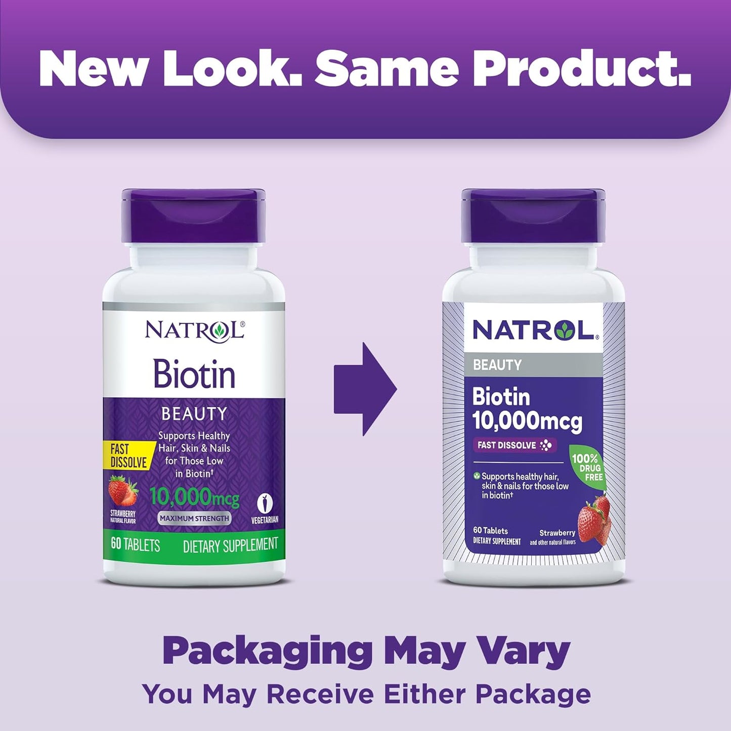 Fast-Dissolve Natrol Biotin 10000mcg Supplement for Hair, Skin, Nails & Energy - 60 Tablets, 60 Day Supply
