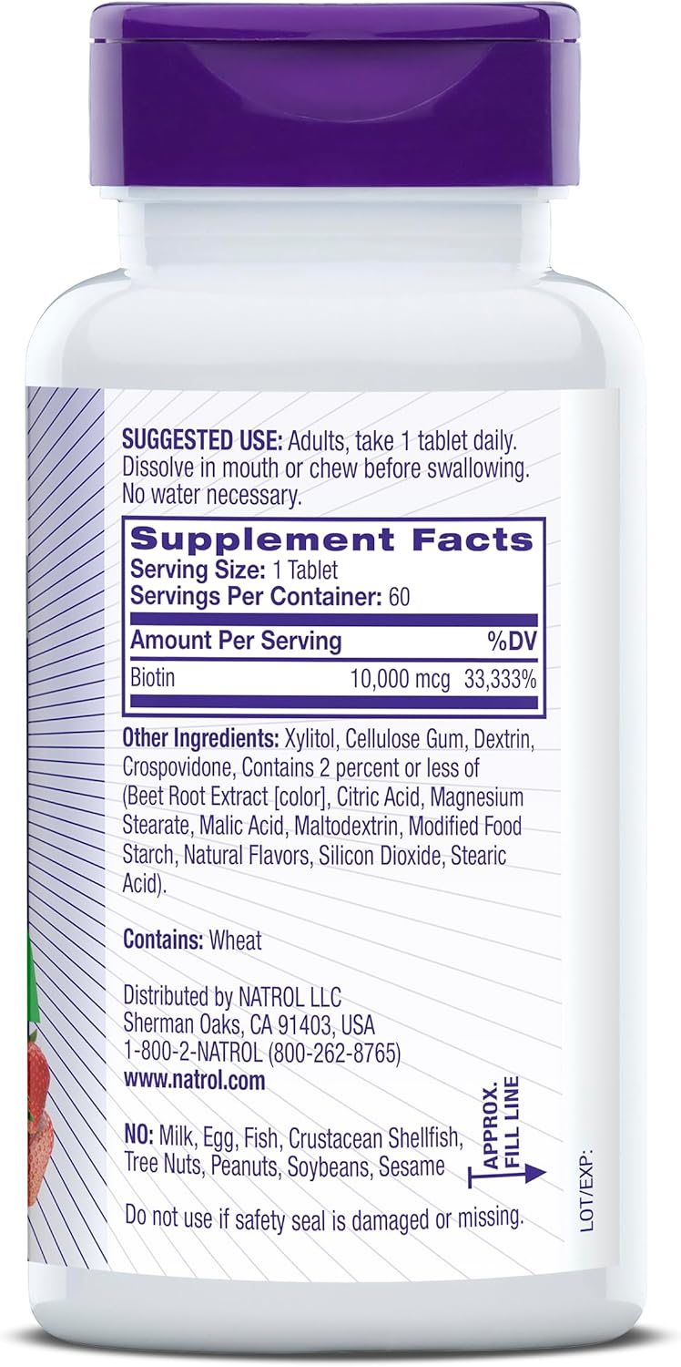 Fast-Dissolve Natrol Biotin 10000mcg Supplement for Hair, Skin, Nails & Energy - 60 Tablets, 60 Day Supply