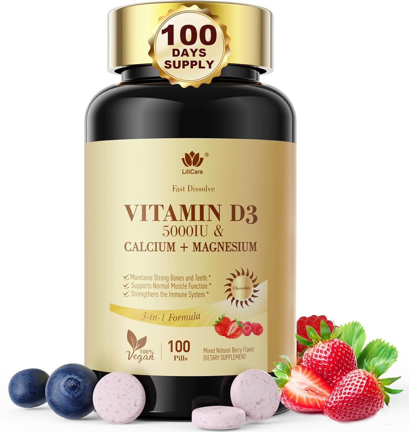 Fast Dissolve Vitamin D3 5000IU with Calcium & Magnesium - Sugar Free Chewable Supplement for Bone Strength, Teeth, Muscle, Immune Health - 100 Tablets
