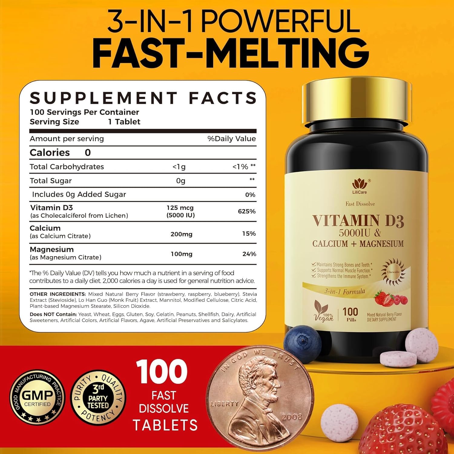 Fast Dissolve Vitamin D3 5000IU with Calcium & Magnesium - Sugar Free Chewable Supplement for Bone Strength, Teeth, Muscle, Immune Health - 100 Tablets