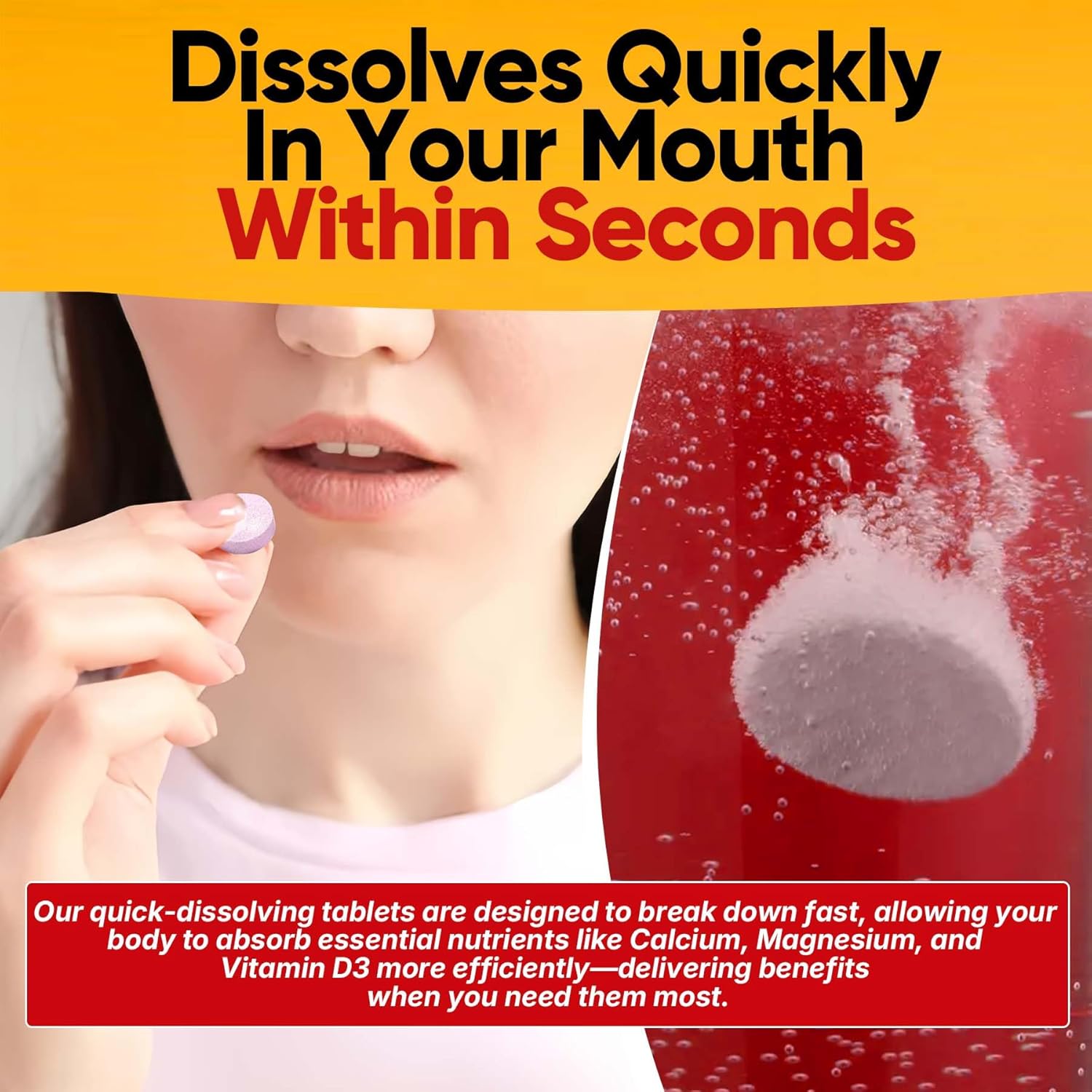 Fast Dissolve Vitamin D3 5000IU with Calcium & Magnesium - Sugar Free Chewable Supplement for Bone Strength, Teeth, Muscle, Immune Health - 100 Tablets