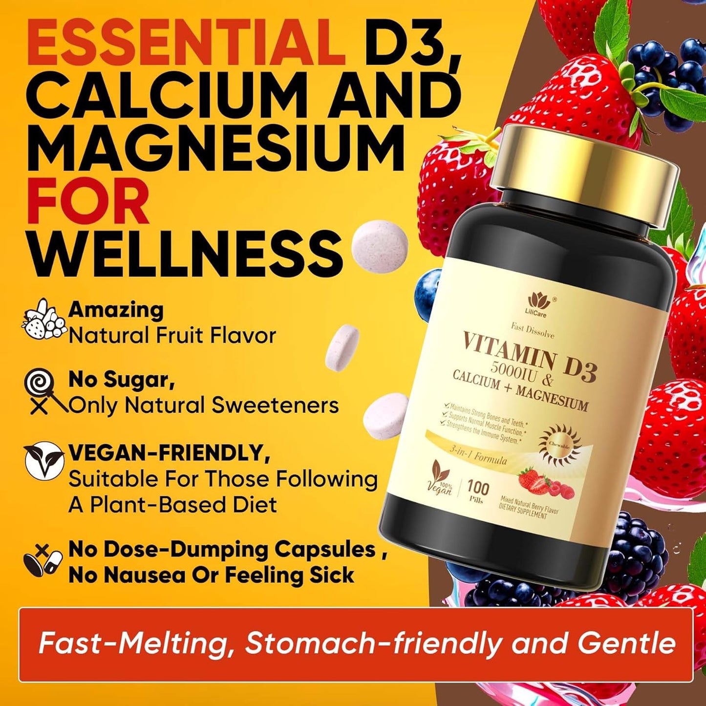 Fast Dissolve Vitamin D3 5000IU with Calcium & Magnesium - Sugar Free Chewable Supplement for Bone Strength, Teeth, Muscle, Immune Health - 100 Tablets