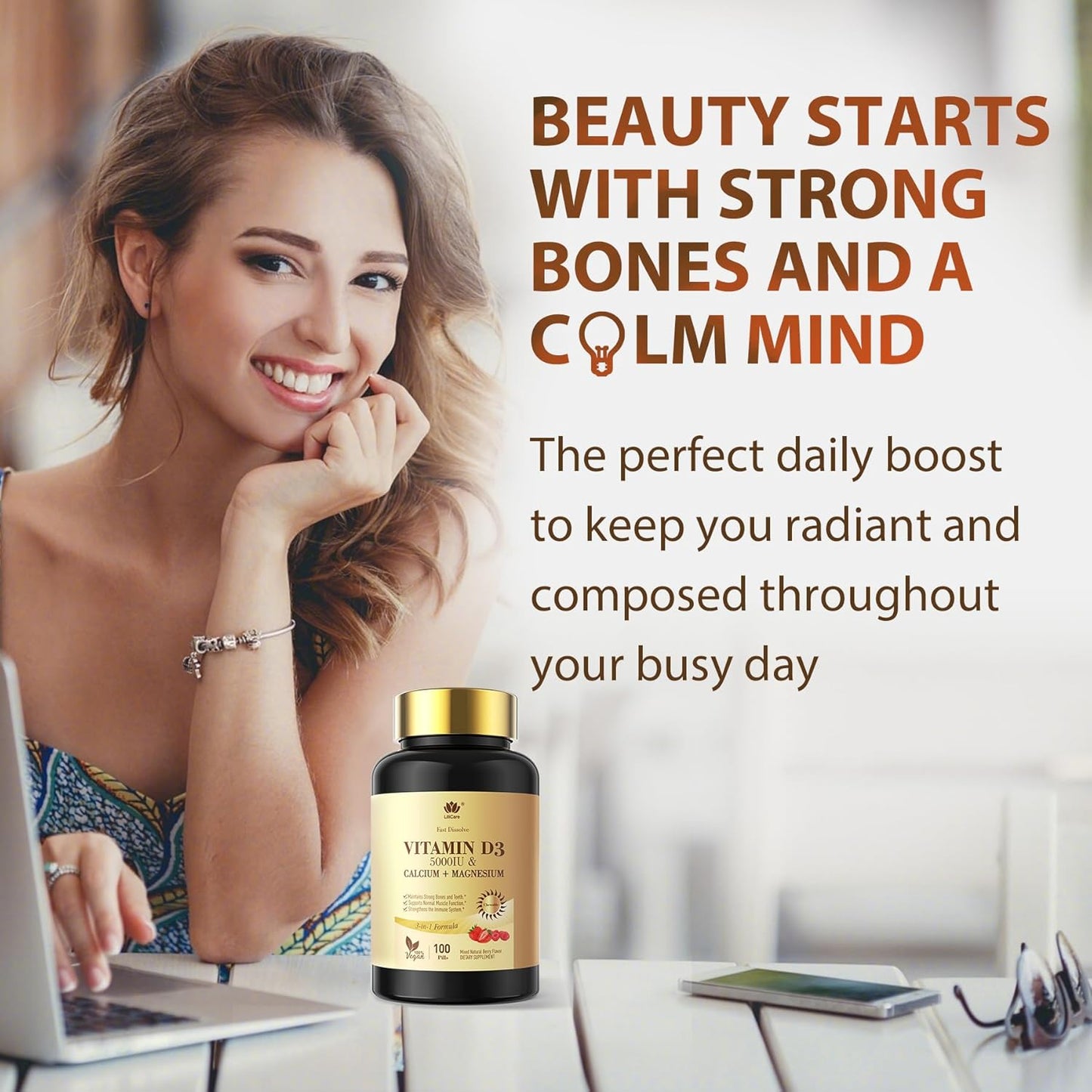 Fast Dissolve Vitamin D3 5000IU with Calcium & Magnesium - Sugar Free Chewable Supplement for Bone Strength, Teeth, Muscle, Immune Health - 100 Tablets