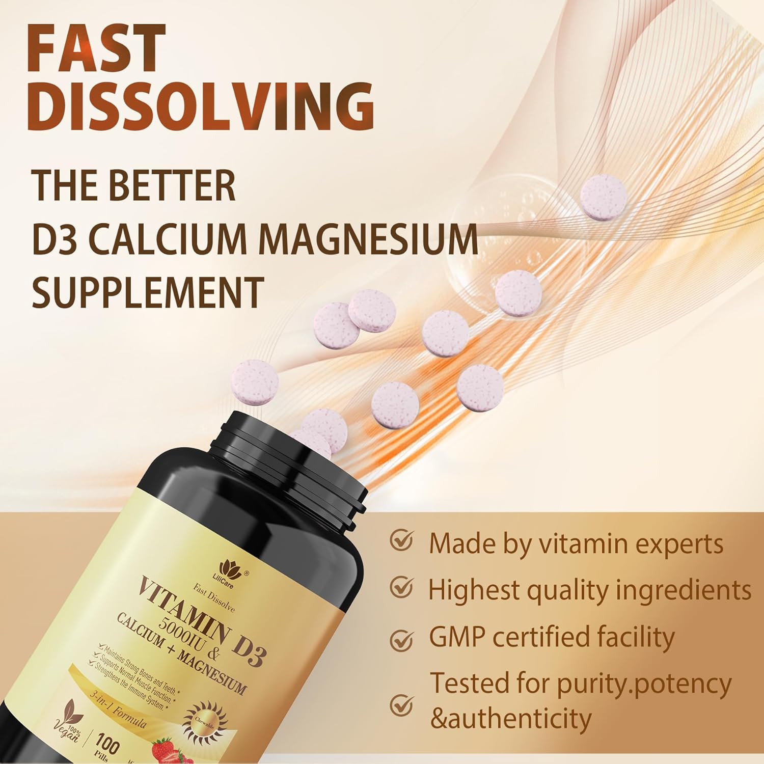 Fast Dissolve Vitamin D3 5000IU with Calcium & Magnesium - Sugar Free Chewable Supplement for Bone Strength, Teeth, Muscle, Immune Health - 100 Tablets
