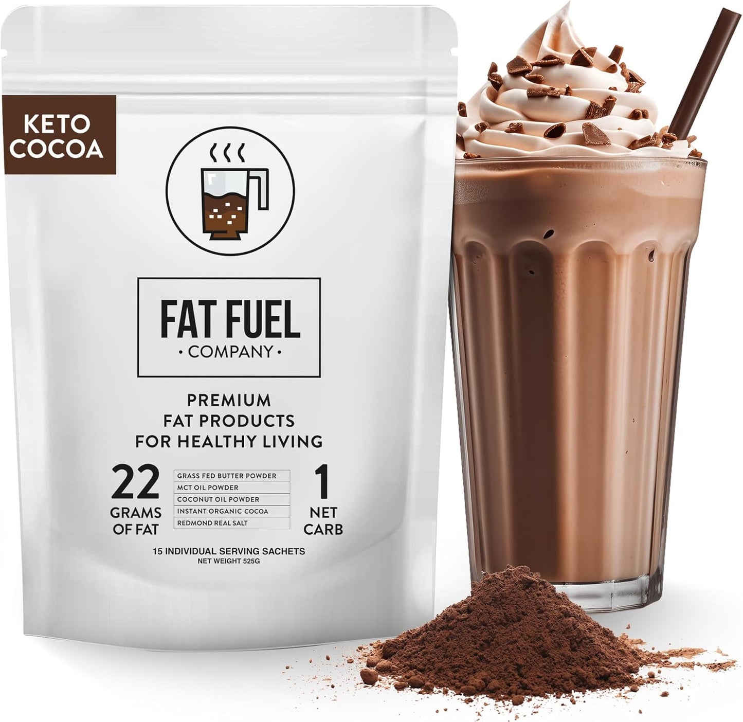 Fat Fuel Keto Cocoa: 22g Premium Fats with Grass Fed Butter, MCT Oil, Coconut & Real Salt - Instant Organic Cocoa for True Meal Replacement - 15 Servings