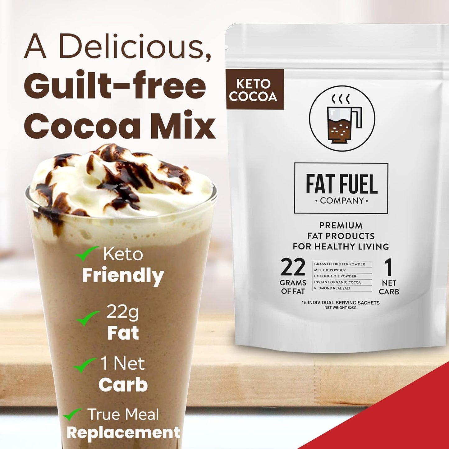 Fat Fuel Keto Cocoa: 22g Premium Fats with Grass Fed Butter, MCT Oil, Coconut & Real Salt - Instant Organic Cocoa for True Meal Replacement - 15 Servings