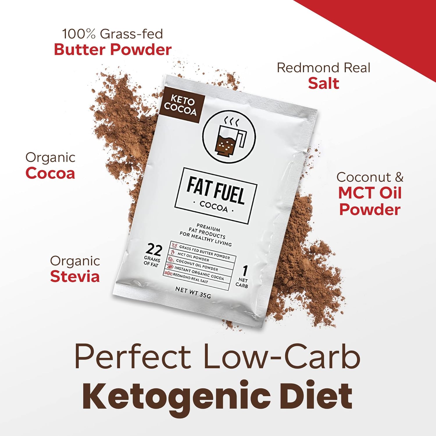 Fat Fuel Keto Cocoa: 22g Premium Fats with Grass Fed Butter, MCT Oil, Coconut & Real Salt - Instant Organic Cocoa for True Meal Replacement - 15 Servings