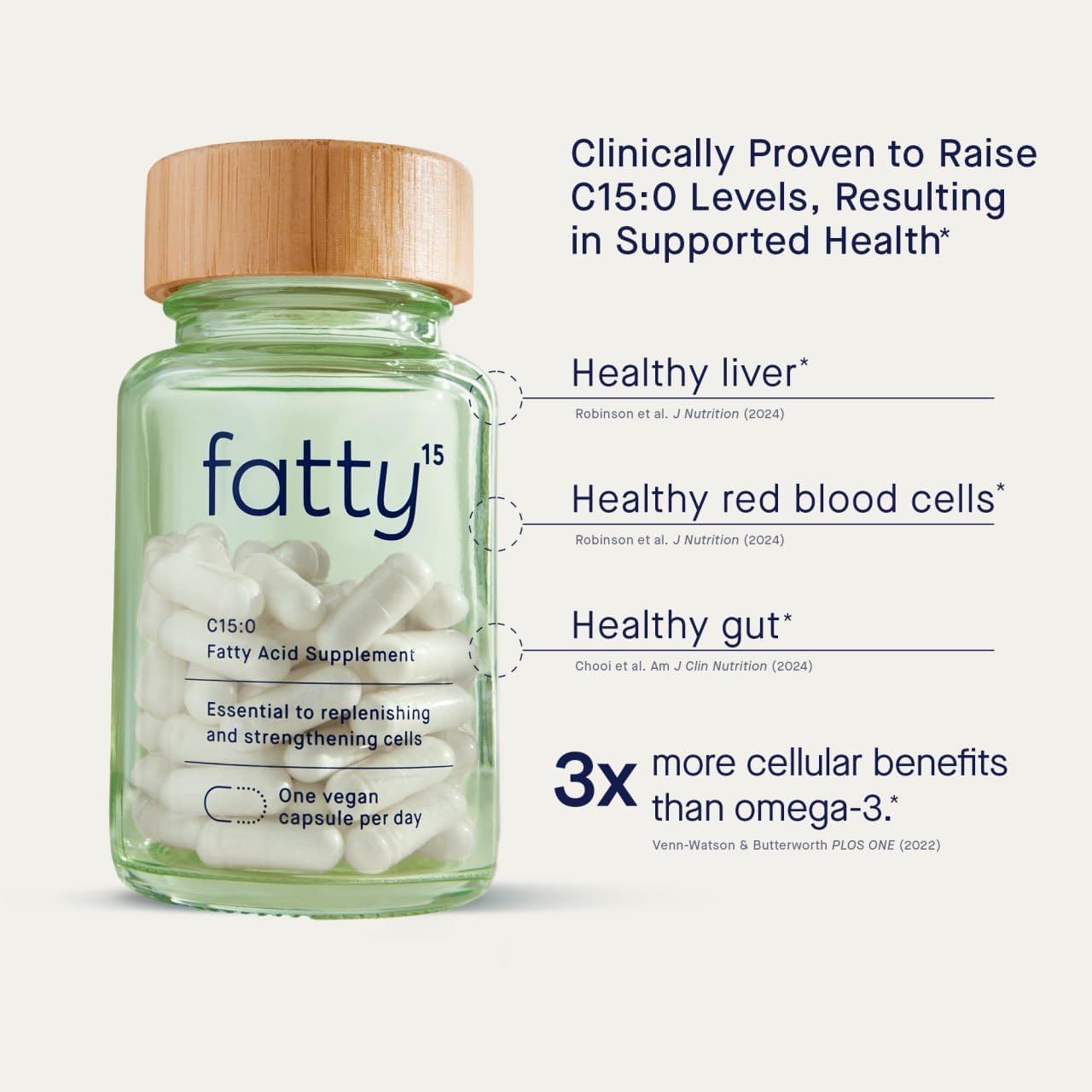 Fatty15 Pure C15:0 Pentadecanoic Acid Supplement - Triple Omega-3 Benefits - Longevity & Gut Health Support - Vegan Capsules 90ct