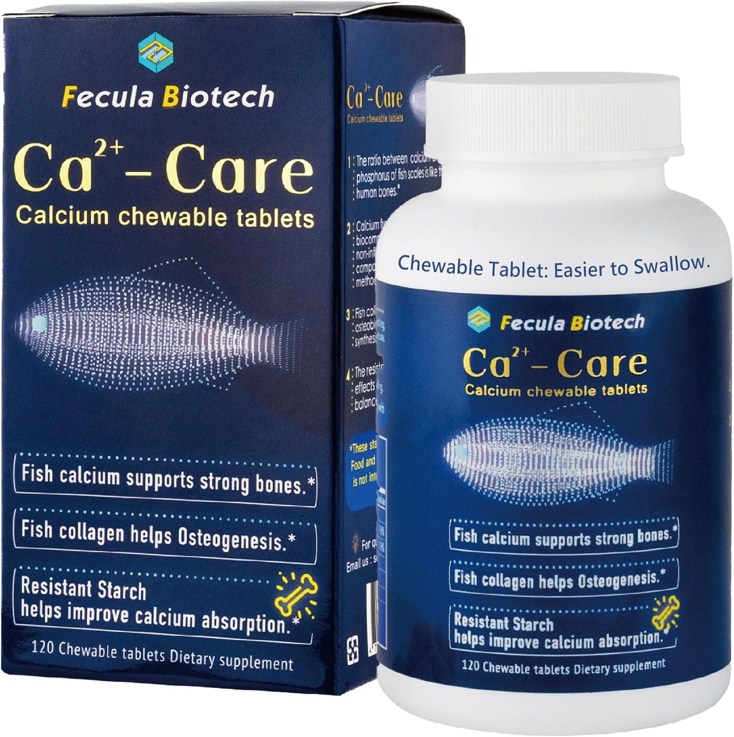 Fecula Biotech Fish Scale Calcium Supplement | Chewable Tablets for Strong Bones and Muscles | All Ages | Effective Absorption | 120 Tablets