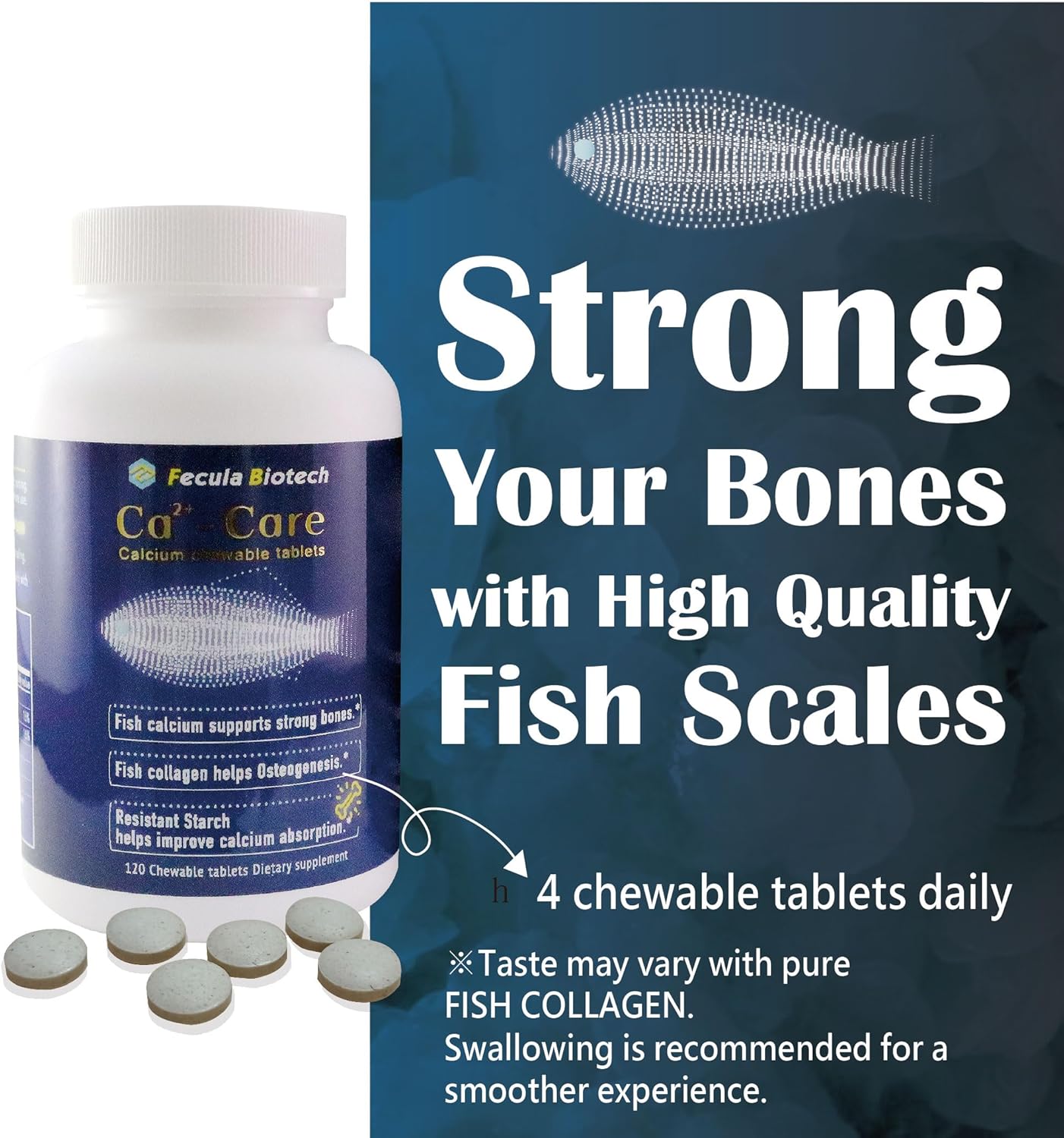 Fecula Biotech Fish Scale Calcium Supplement | Chewable Tablets for Strong Bones and Muscles | All Ages | Effective Absorption | 120 Tablets
