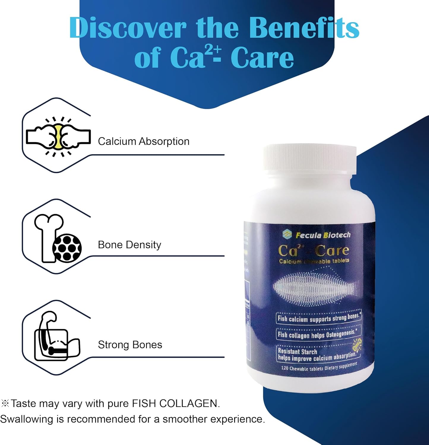 Fecula Biotech Fish Scale Calcium Supplement | Chewable Tablets for Strong Bones and Muscles | All Ages | Effective Absorption | 120 Tablets