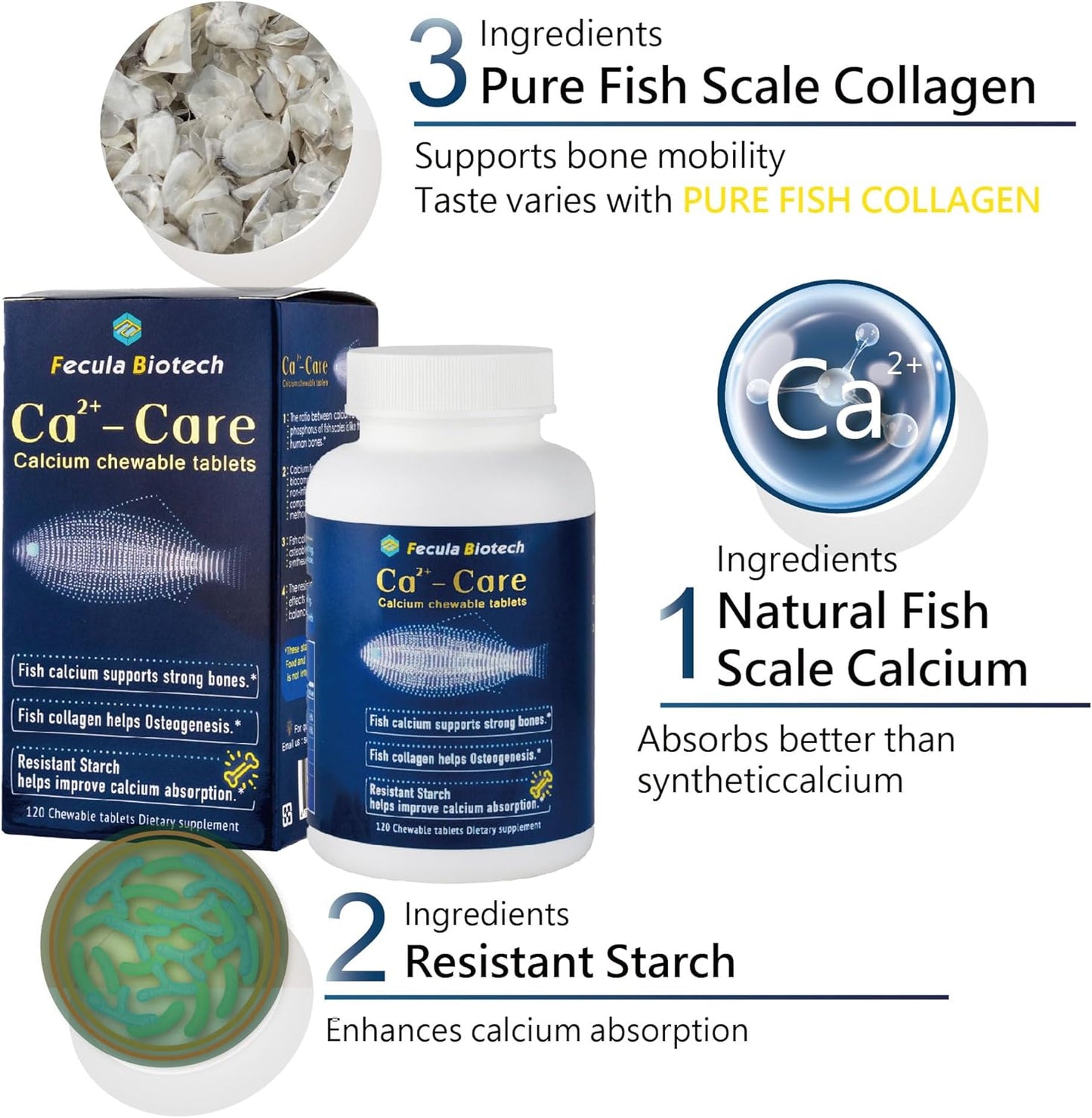 Fecula Biotech Fish Scale Calcium Supplement | Chewable Tablets for Strong Bones and Muscles | All Ages | Effective Absorption | 120 Tablets