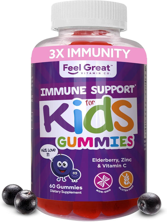 Feel Great Immune Support Gummies for Kids - Vitamin C, Zinc, Elderberry - Vegetarian Multivitamin - 60 Day Supply