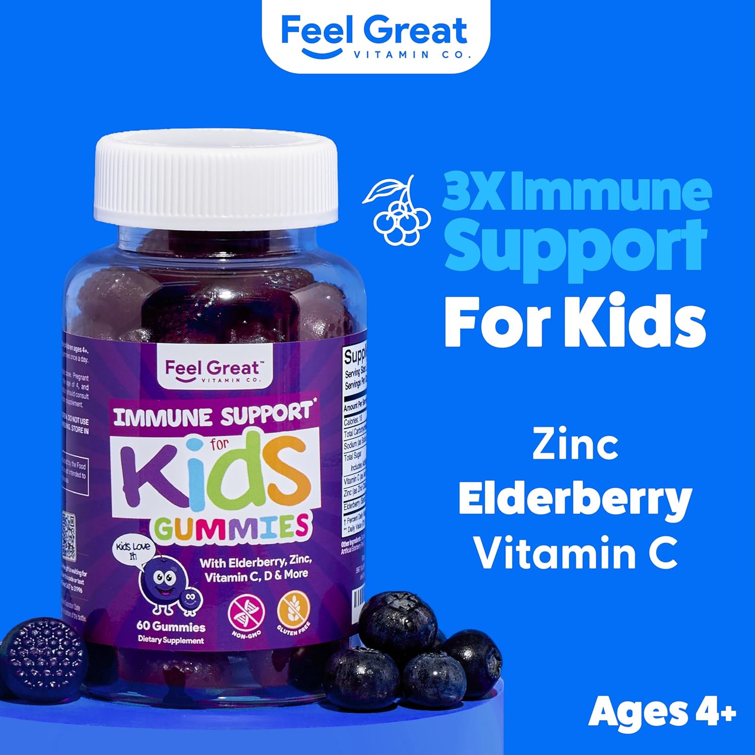 Feel Great Immune Support Gummies for Kids - Vitamin C, Zinc, Elderberry - Vegetarian Multivitamin - 60 Day Supply