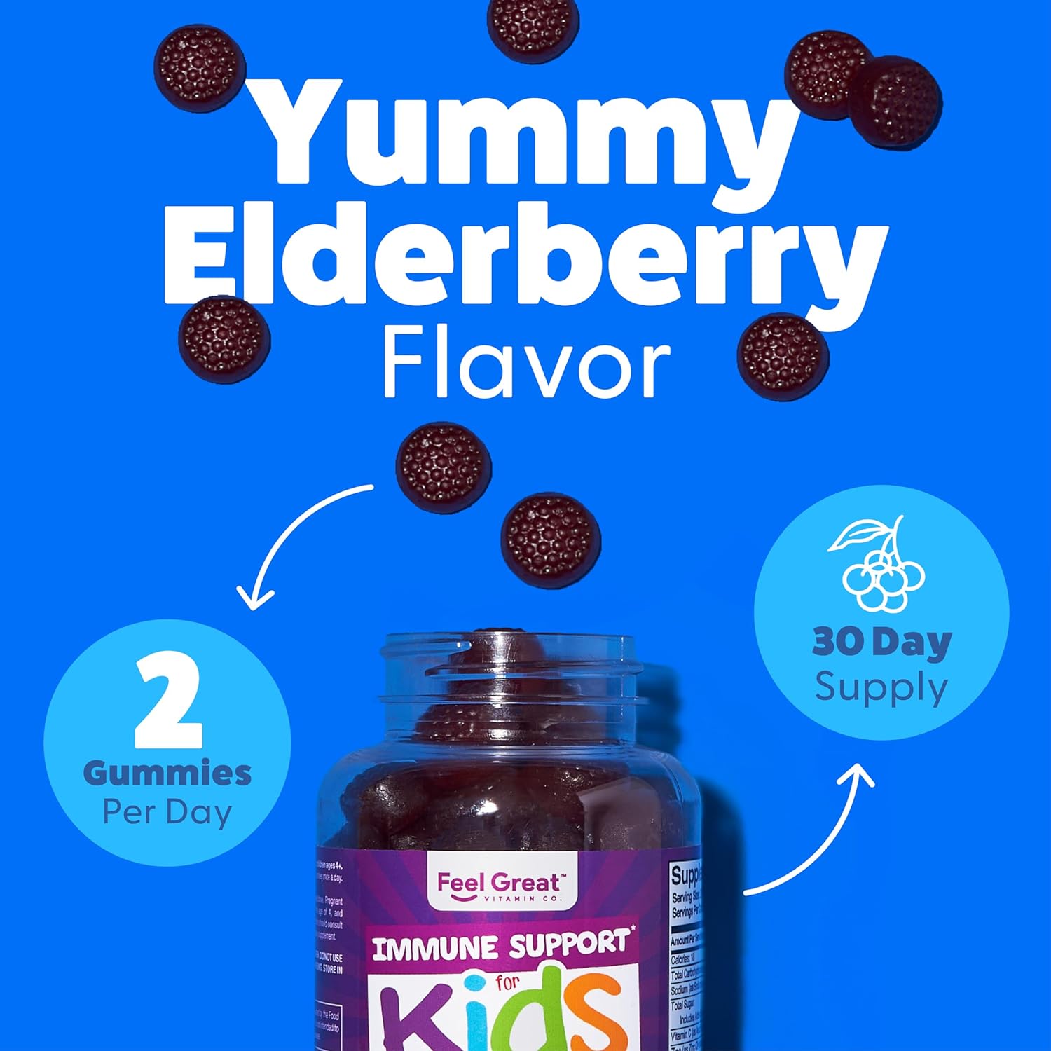 Feel Great Immune Support Gummies for Kids - Vitamin C, Zinc, Elderberry - Vegetarian Multivitamin - 60 Day Supply