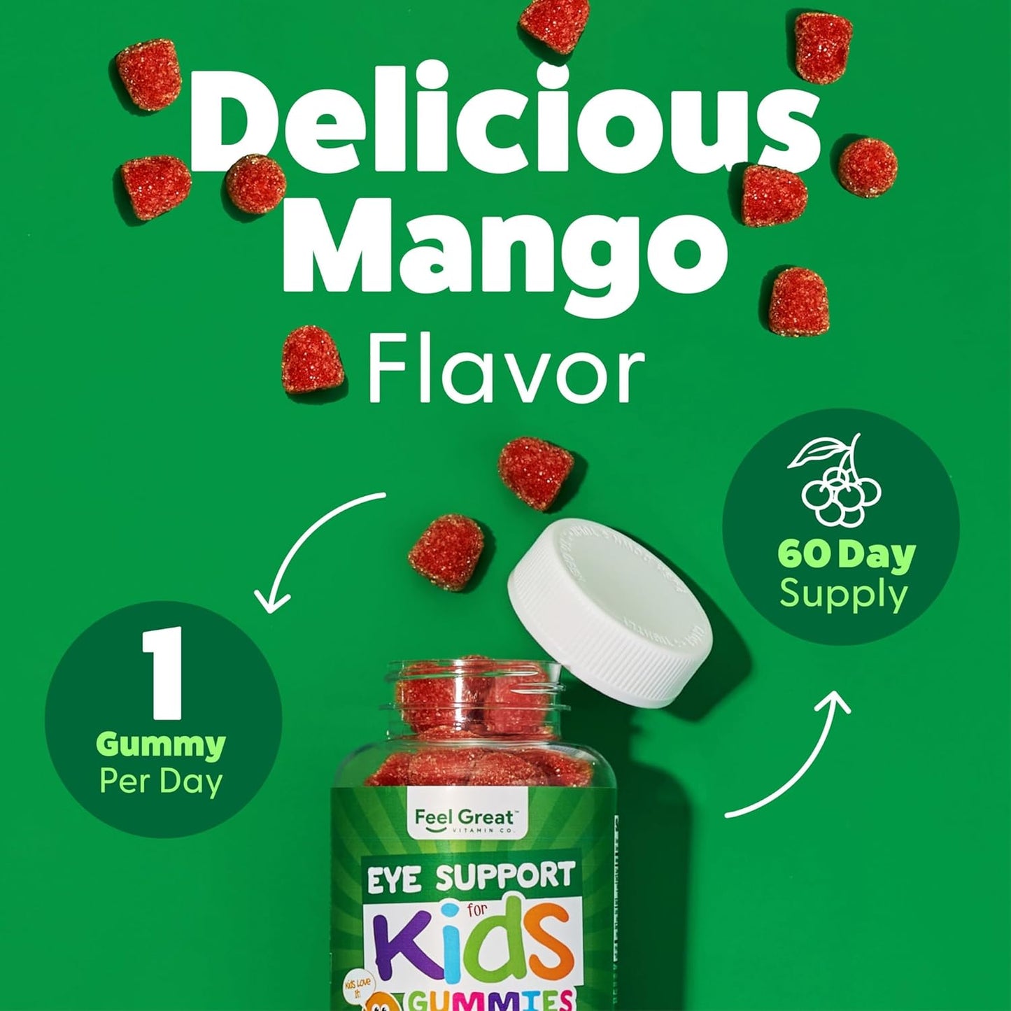 Feel Great Kids Gummy Vitamins with Lutein and Zeaxanthin for Healthy Eyes - Mango Flavored, Vegan, Gluten Free - 60 Day Supply