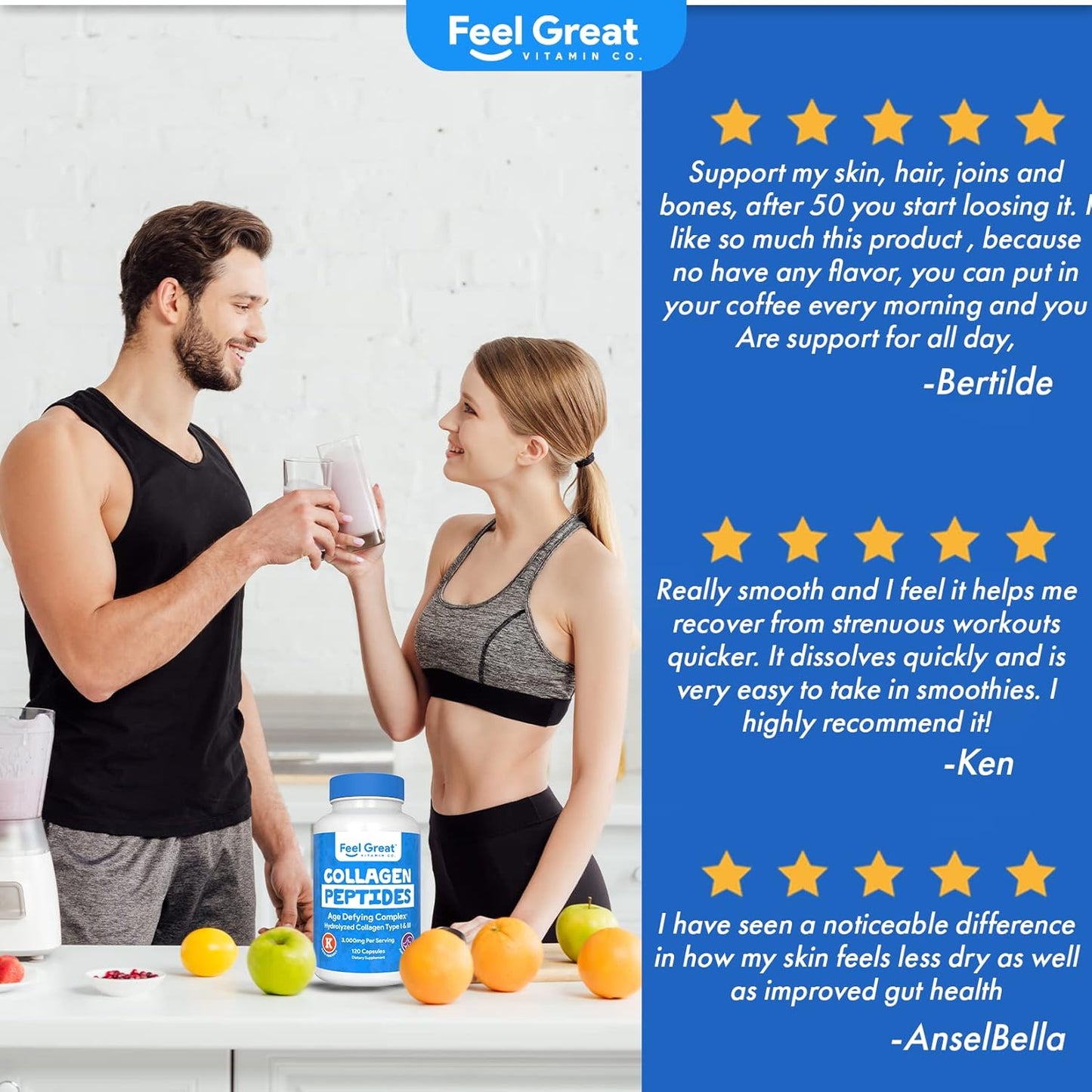 Feel Great Vitamin Co. Hydrolyzed Collagen Peptides Capsules (Type I & III) - Hair, Skin, and Nails Supplement - Wheat-Free, Keto, Paleo Friendly