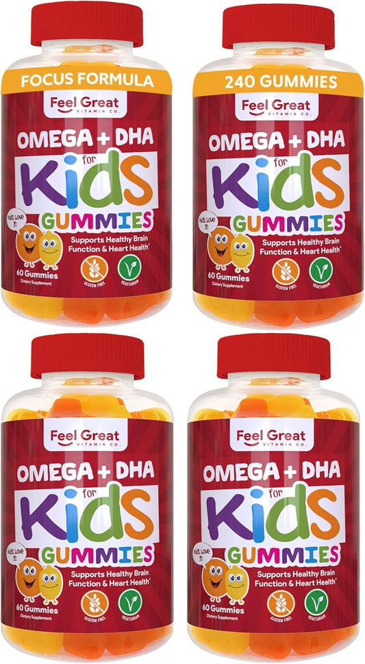 Feel Great Vitamins Kids DHA Omega Gummy Vitamins 4-Pack for Brain Health & Learning - Delicious Omega-3 Gummies for Growing Kids