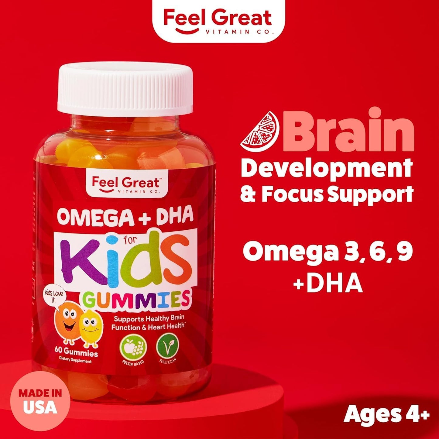 Feel Great Vitamins Kids DHA Omega Gummy Vitamins 4-Pack for Brain Health & Learning - Delicious Omega-3 Gummies for Growing Kids