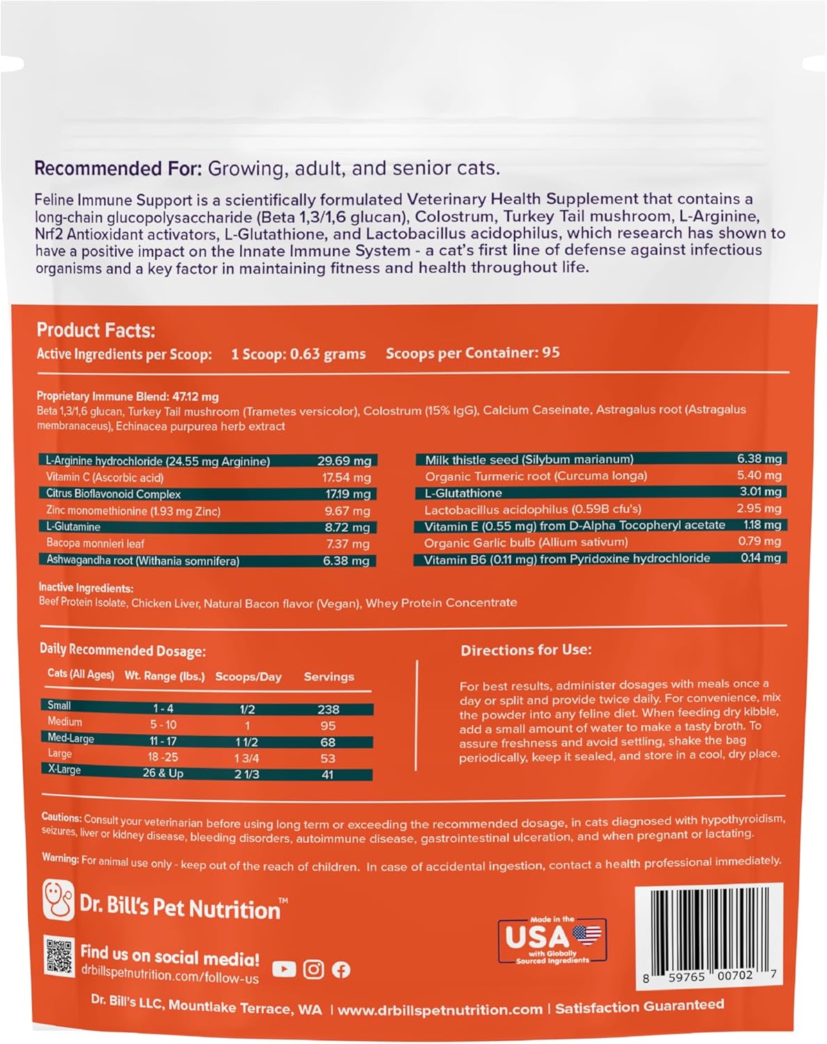 Feline Immune Support Vitamins with Colostrum, Beta Glucan, and Zinc for Cats | Dr. Bill’s Cat Supplements with Lactoferrin and Coenzyme Q-10