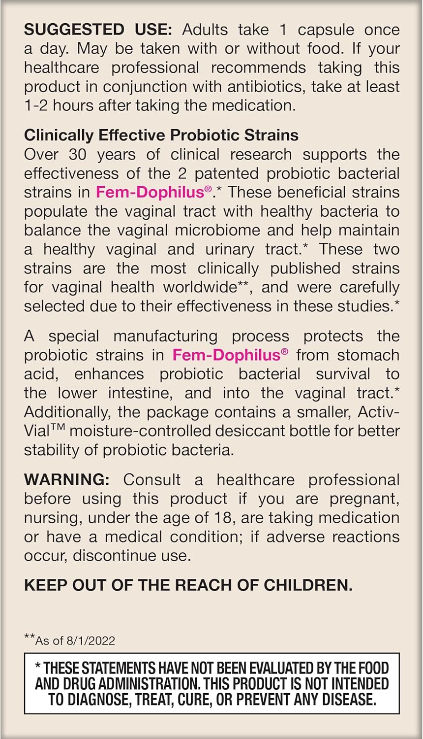 Fem-Dophilus Probiotic Capsules for Vaginal and Urinary Tract Health, 60 Veggie Capsules