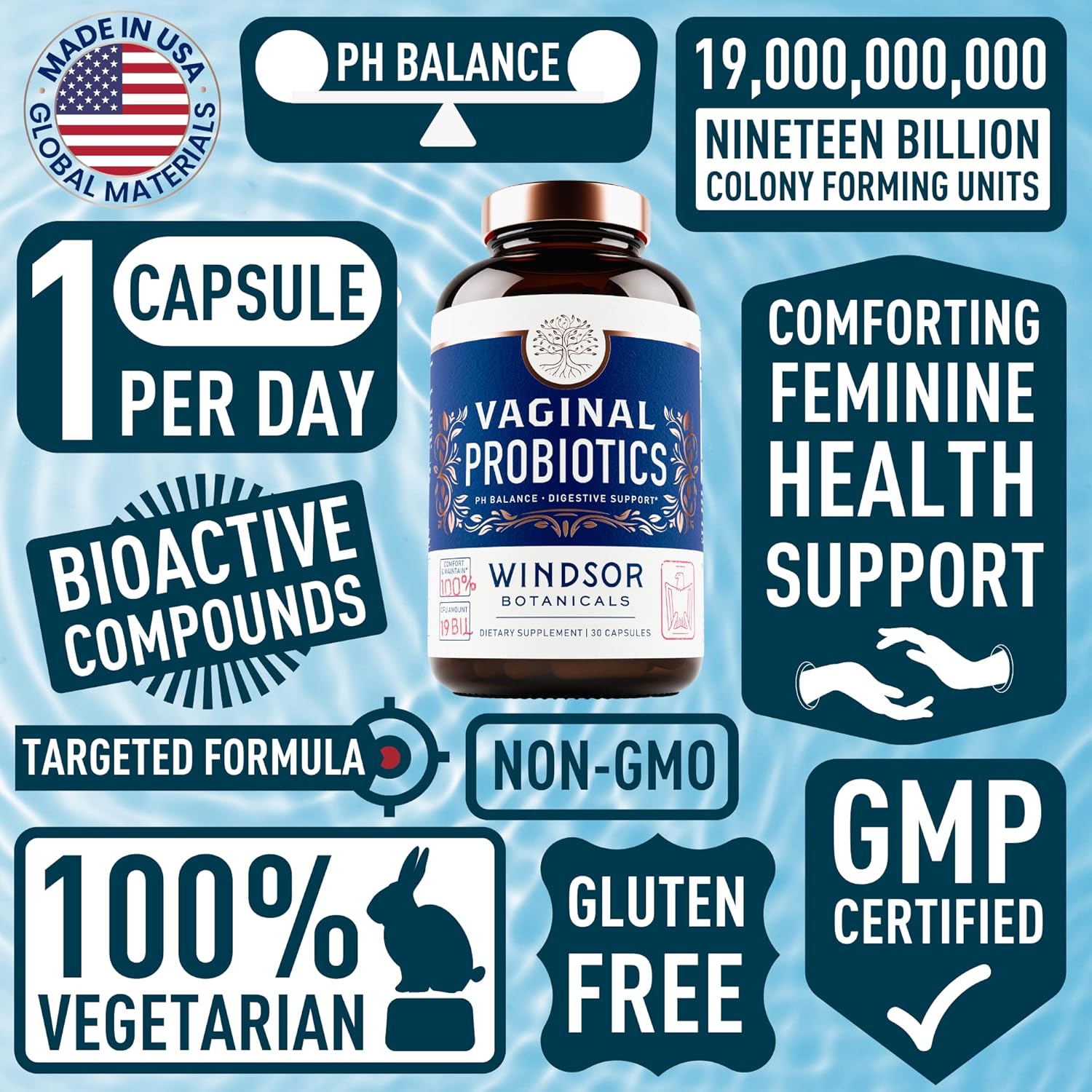 Feminine Balance Complex Probiotics for Women - 19Bil CFU Lactobacillus Salivarius - PH Balance, Digestive, Gut Health - BV Support - 30 Capsules