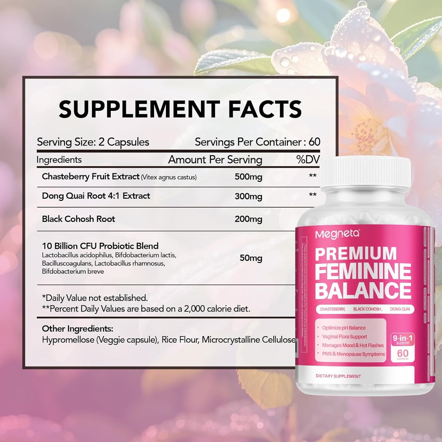 Feminine Balance Supplements for Women - Energy, Menopause & Hormone Health with Black Cohosh, Chasteberry, Probiotics - 60 Capsules