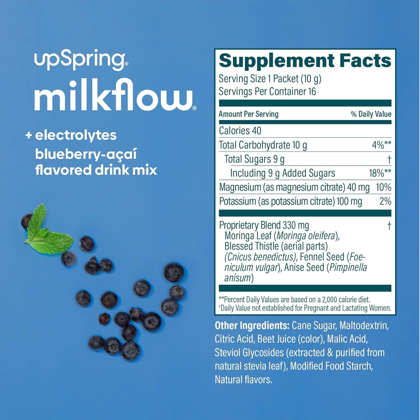 Fenugreek-Free Electrolyte Breastfeeding Drink Mix with Moringa & Blueberry Acai Flavor for Lactation Support - 16 Mixes
