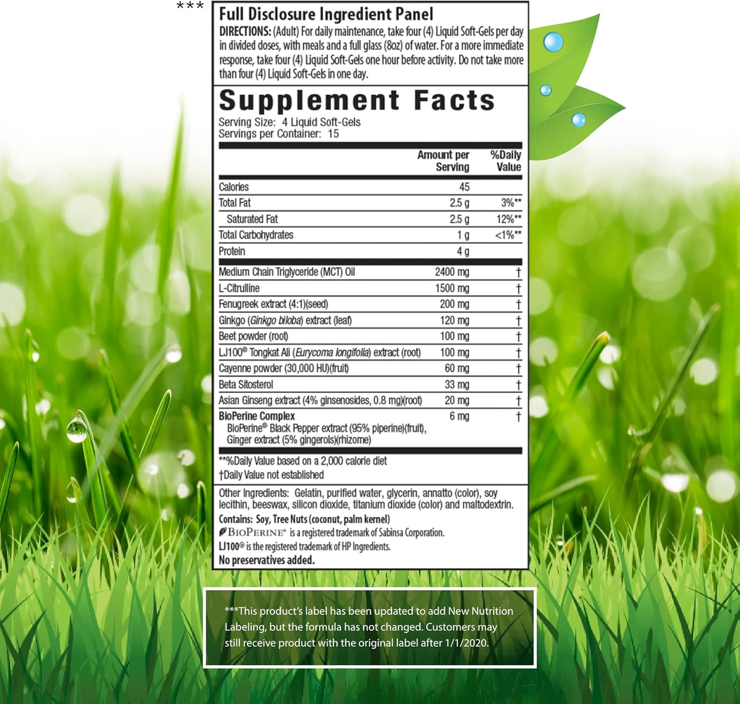 Fenugreek RED Liquid Soft-Gels with Asian Ginseng and Ginkgo Extract - 60 Count - Nitric Oxide Booster - 15 Servings