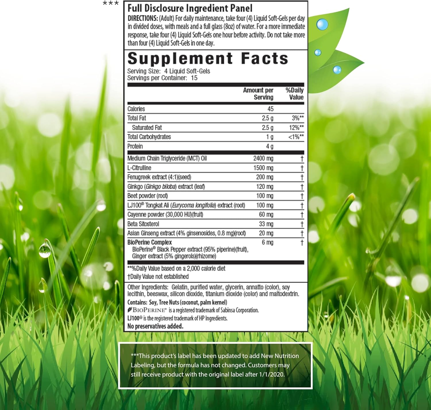 Fenugreek RED Liquid Soft-Gels with Asian Ginseng and Ginkgo Extract - 60 Count - Nitric Oxide Booster - 15 Servings