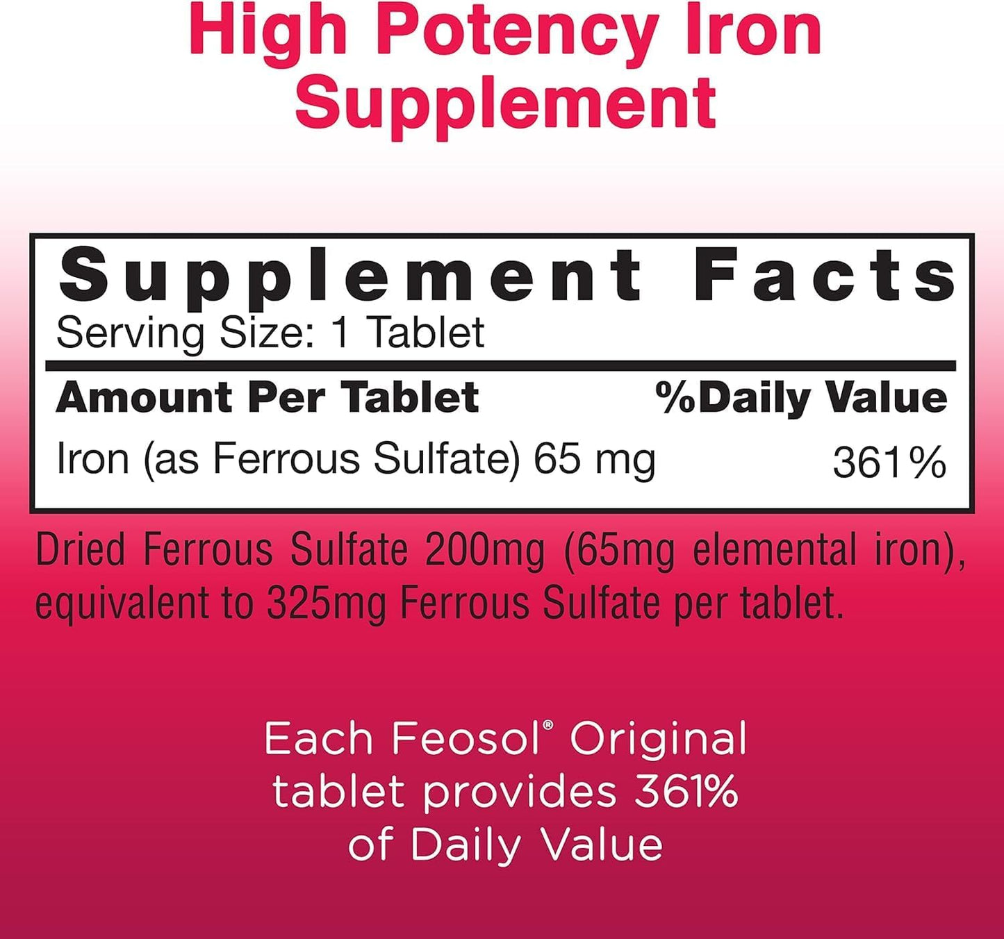 Feosol Original Iron Supplement Tablets - Non-Heme 325mg Ferrous Sulfate - 4 Month Supply - Energy & Immune Support - 120 ct (Pack of 2)