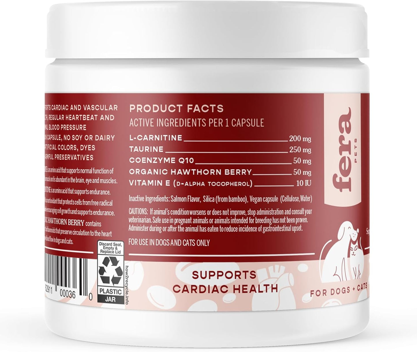 Fera Pet Organics Cardiac Supplement for Dogs & Cats - 60 Capsules - Vet Formulated for Cardiovascular Health - Taurine, CoQ10, Hawthorne Berry