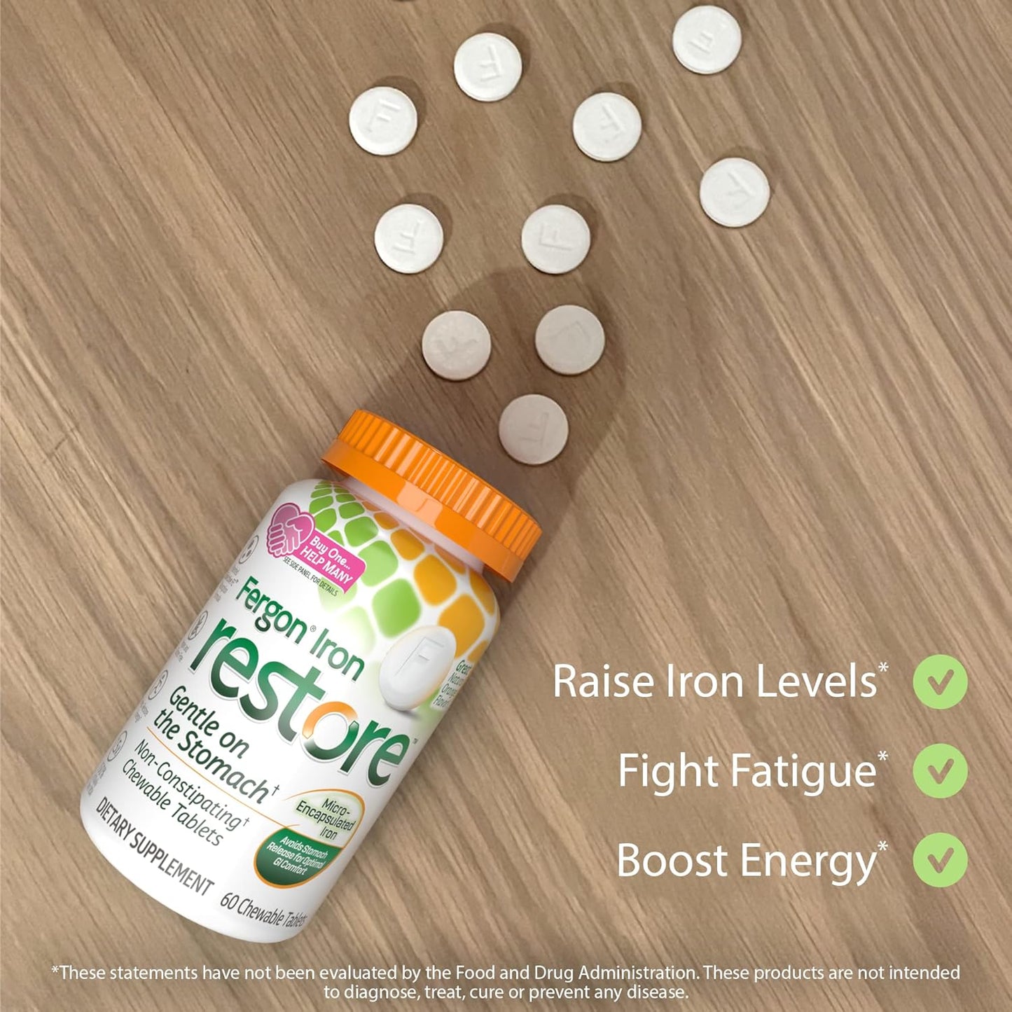 Fergon Chewable Iron Tablets - Non-Constipating, Gentle on Stomach - 27mg Iron for Energy Support - 60 Count