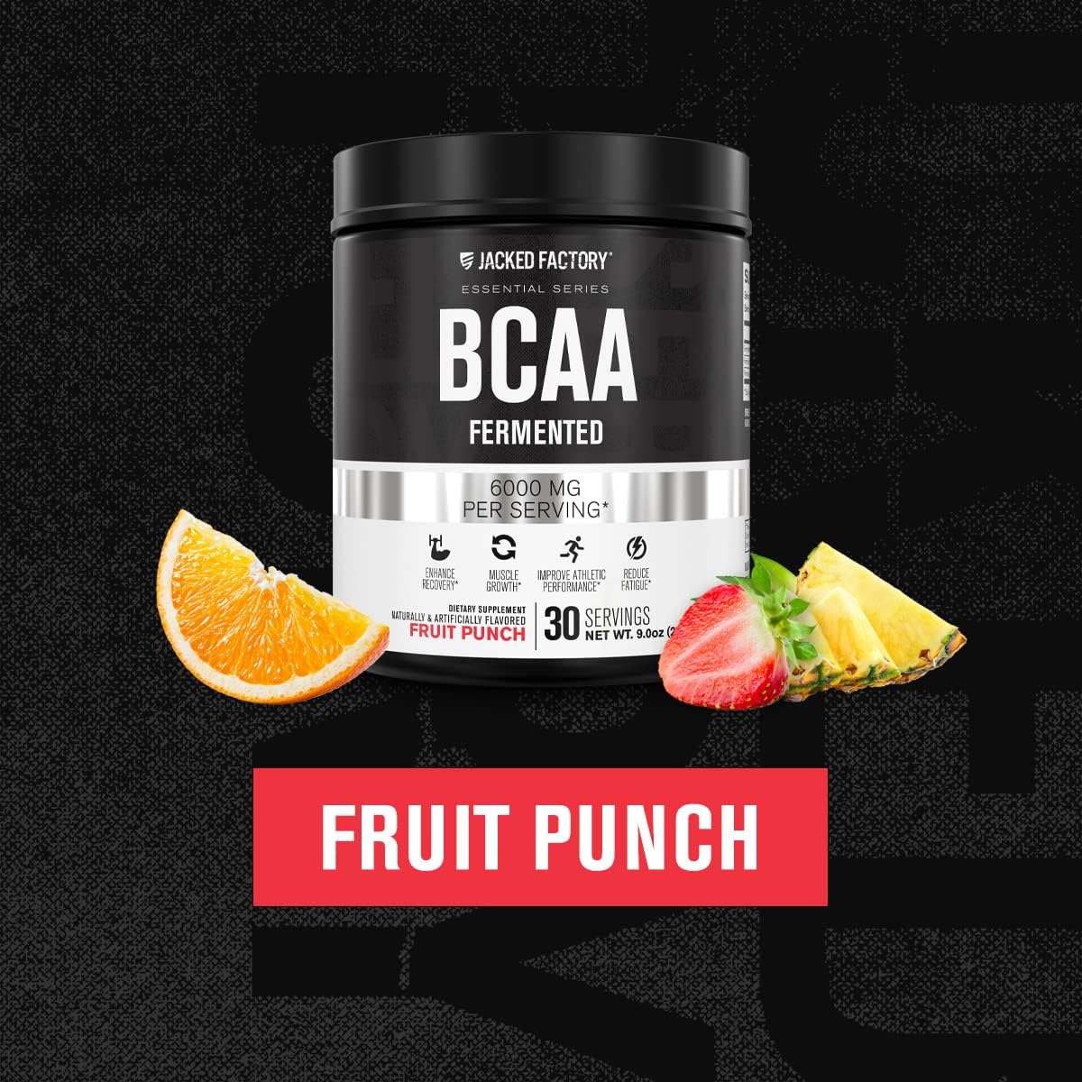Fermented BCAA Powder - 6g Essential Amino Acid Supplement for Muscle Recovery, Strength, Growth - Fruit Punch, 30 Servings