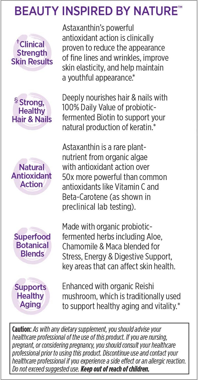 Fermented Biotin & Astaxanthin Hair Skin Nails Vitamins, Vegetarian Capsules - 30 Count