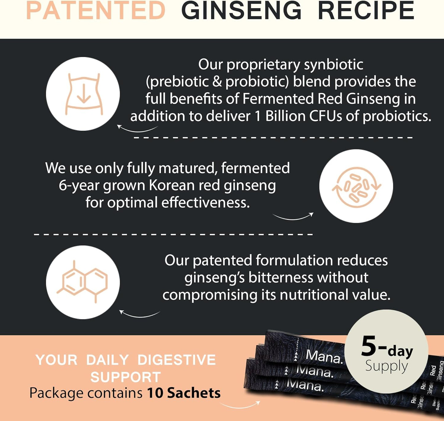 Fermented Korean Red Ginseng Synbiotic Powder Supplement for Energy, Stress Relief, Mood Support - 10 Count - Men and Women