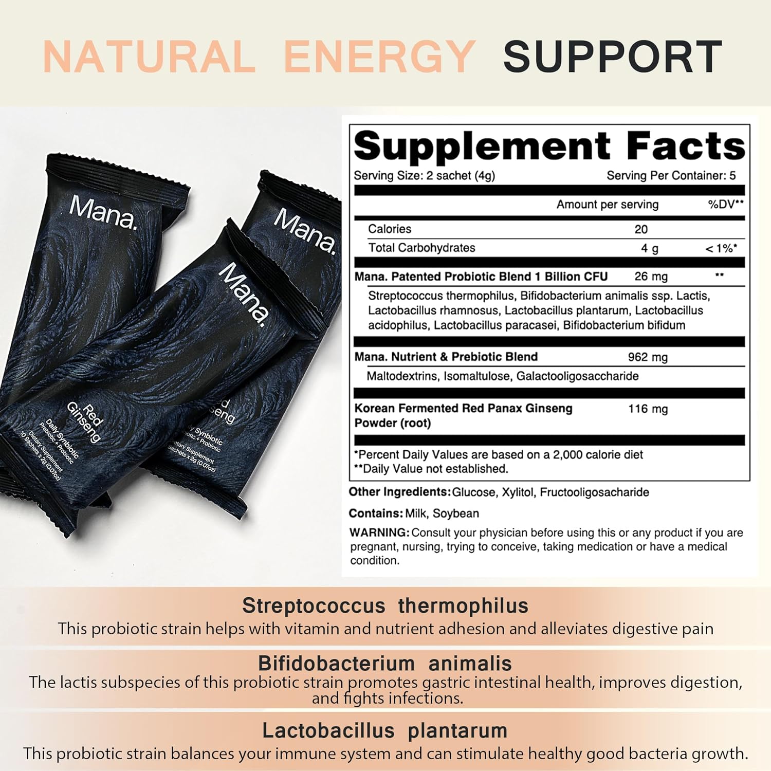 Fermented Korean Red Ginseng Synbiotic Powder Supplement for Energy, Stress Relief, Mood Support - 10 Count - Men and Women