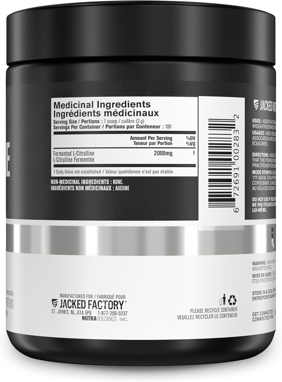 Fermented L-Citrulline Powder by Jacked Factory - Nitric Oxide Booster for Enhanced Blood Flow, Strength, & Endurance - 100 Servings, Unflavored
