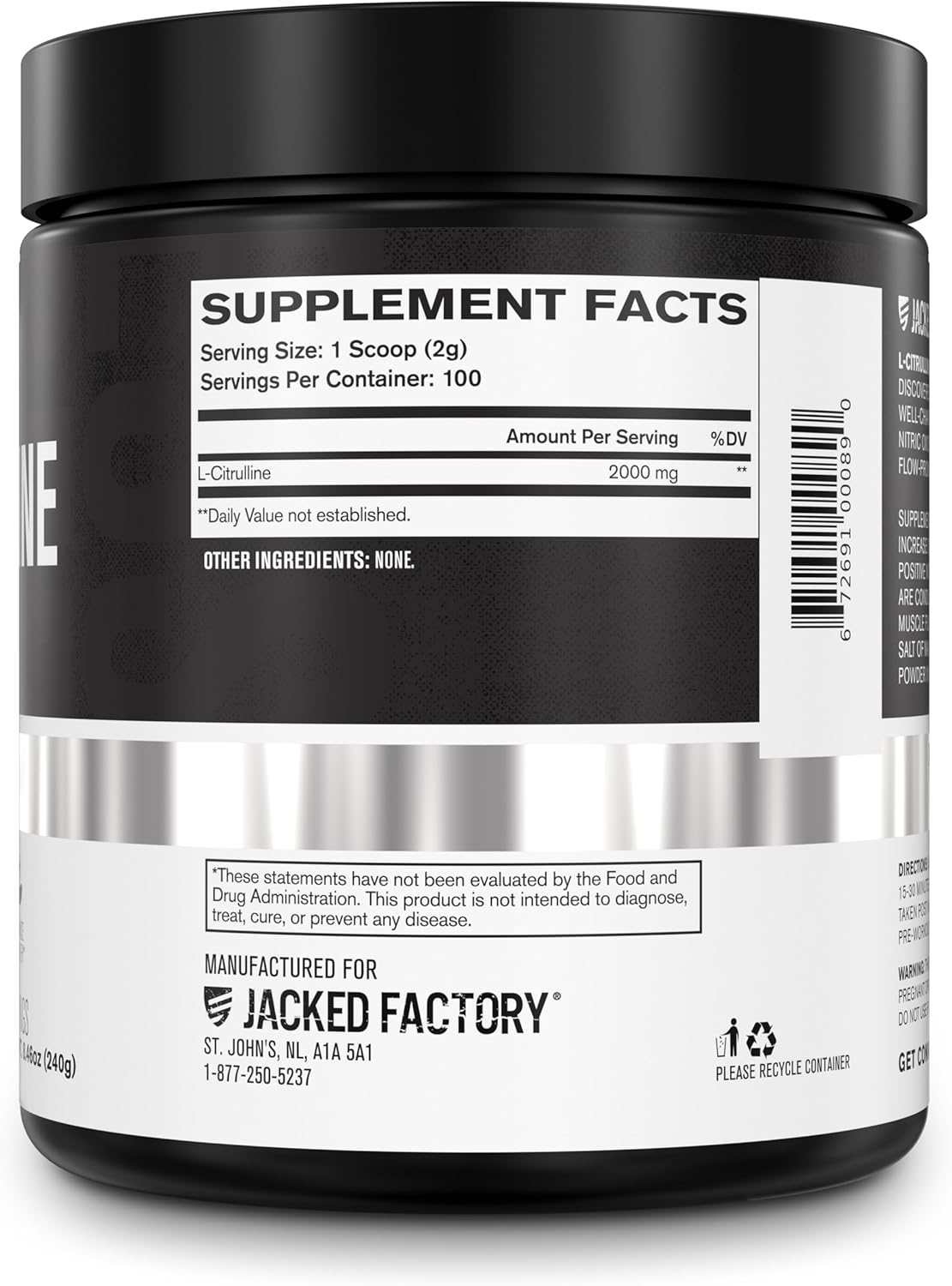 Fermented L-Citrulline Powder by Jacked Factory - Nitric Oxide Booster for Enhanced Blood Flow, Strength, & Endurance - 100 Servings, Unflavored