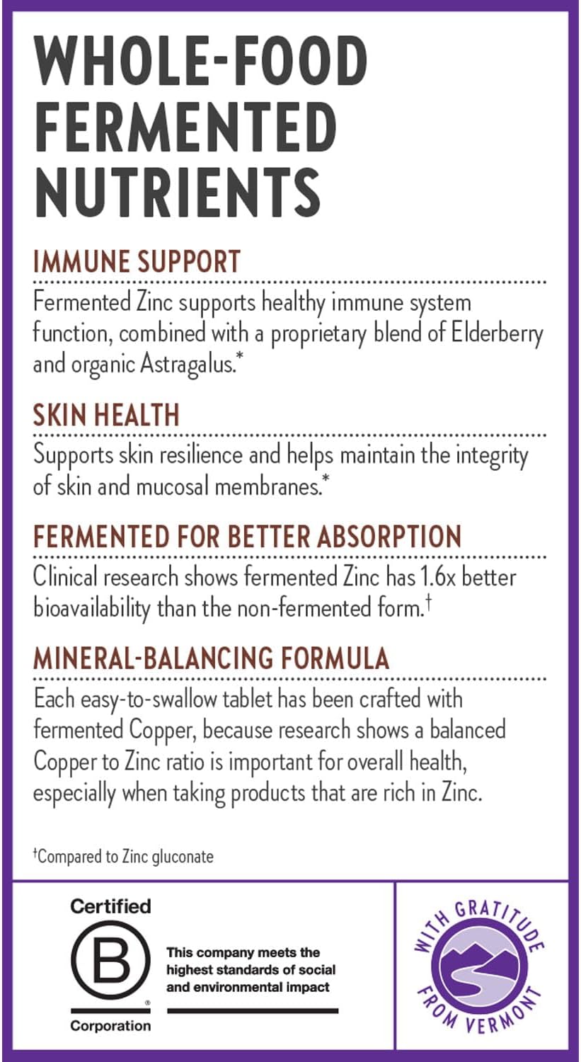 Fermented Zinc Complex Supplement for Immune Support & Skin Health, Mineral-Balancing Formula with Copper, Easy-to-Swallow, 60 Count