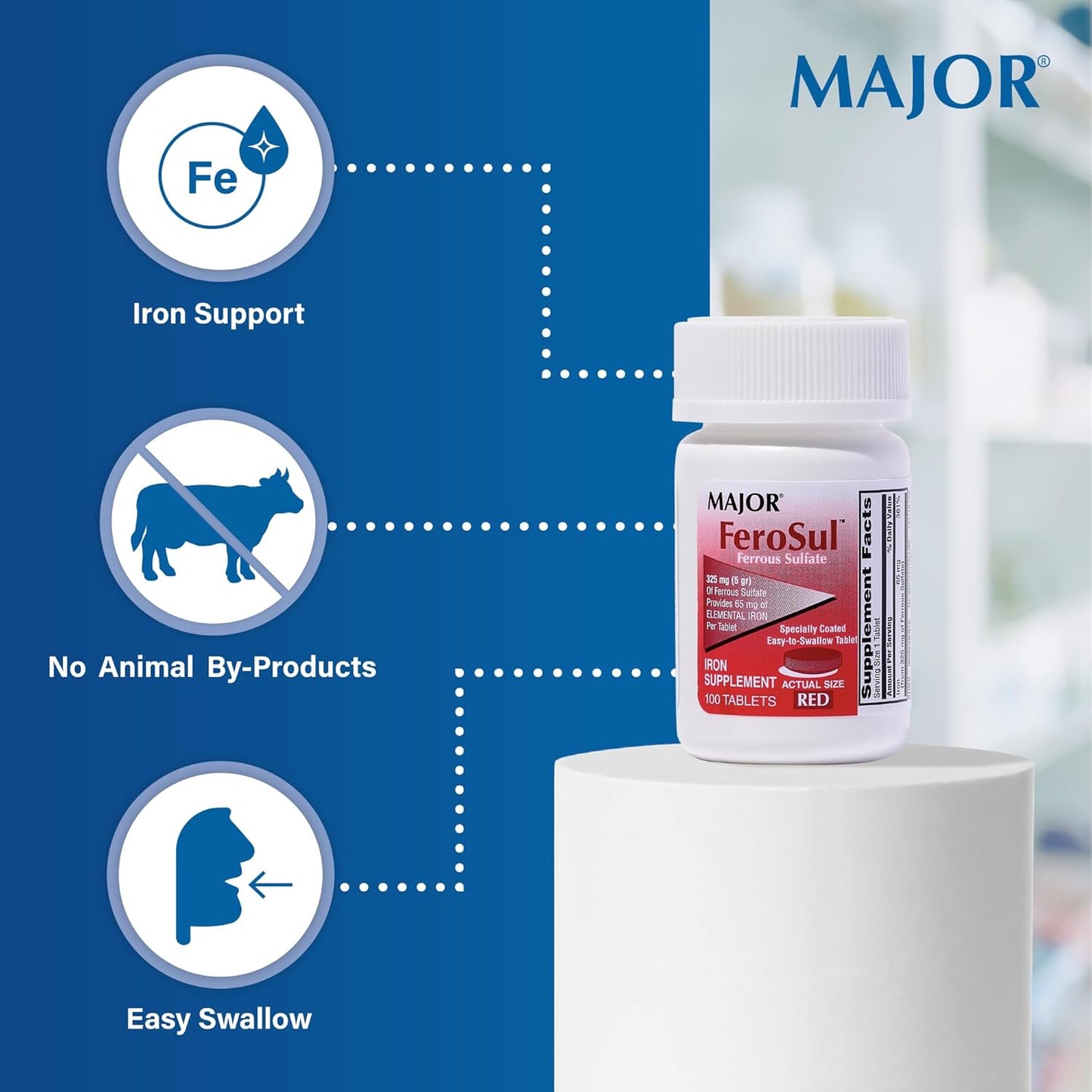 FeroSul Ferrous Sulfate 325mg Tablets Iron Supplement for Women and Men Easy-to-Swallow Coated Tablets Red 400 Tablets